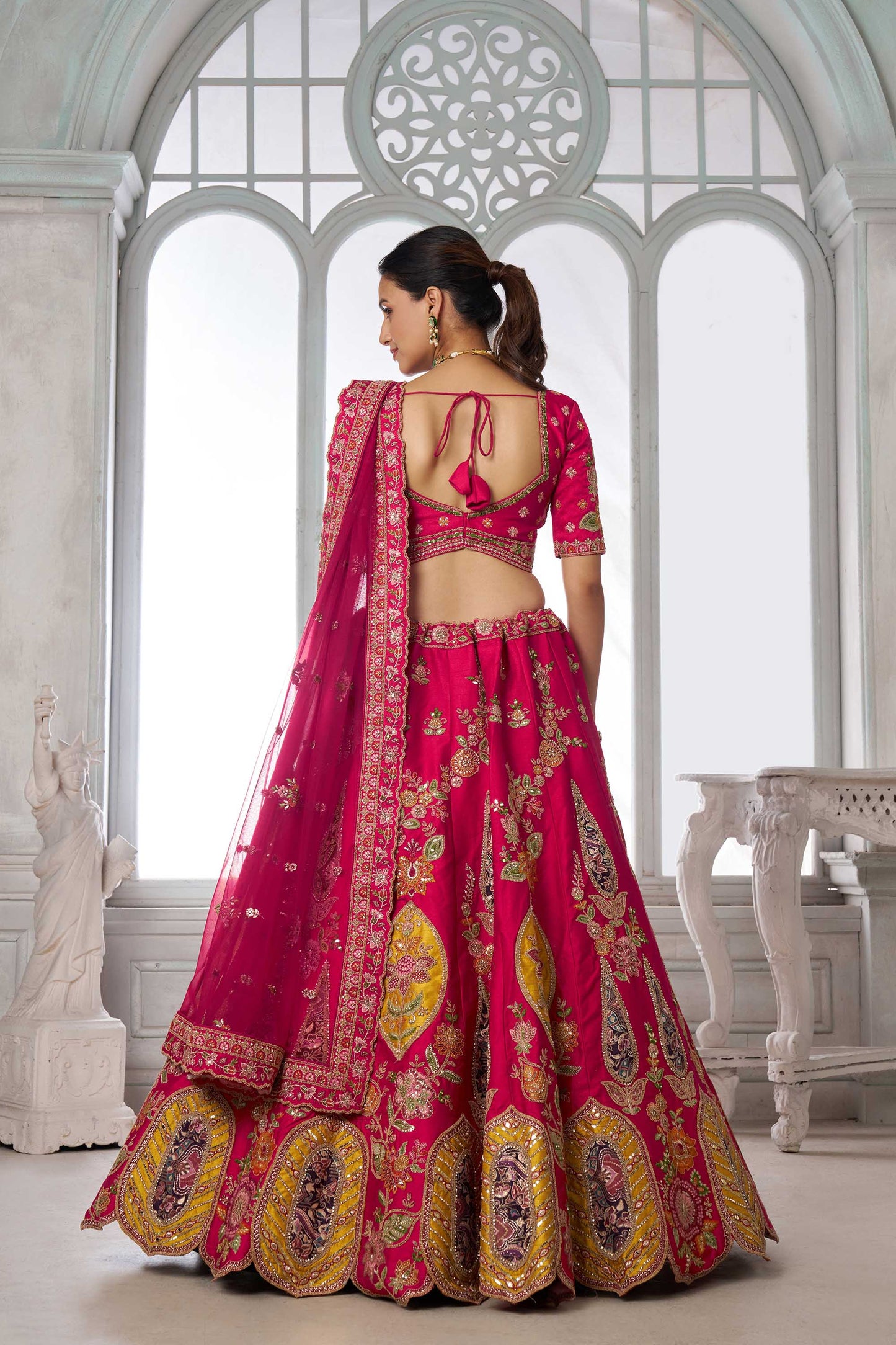 Rani Pink Jacquard Patch Work & Zari Embroidered Silk Bridal Lehenga
