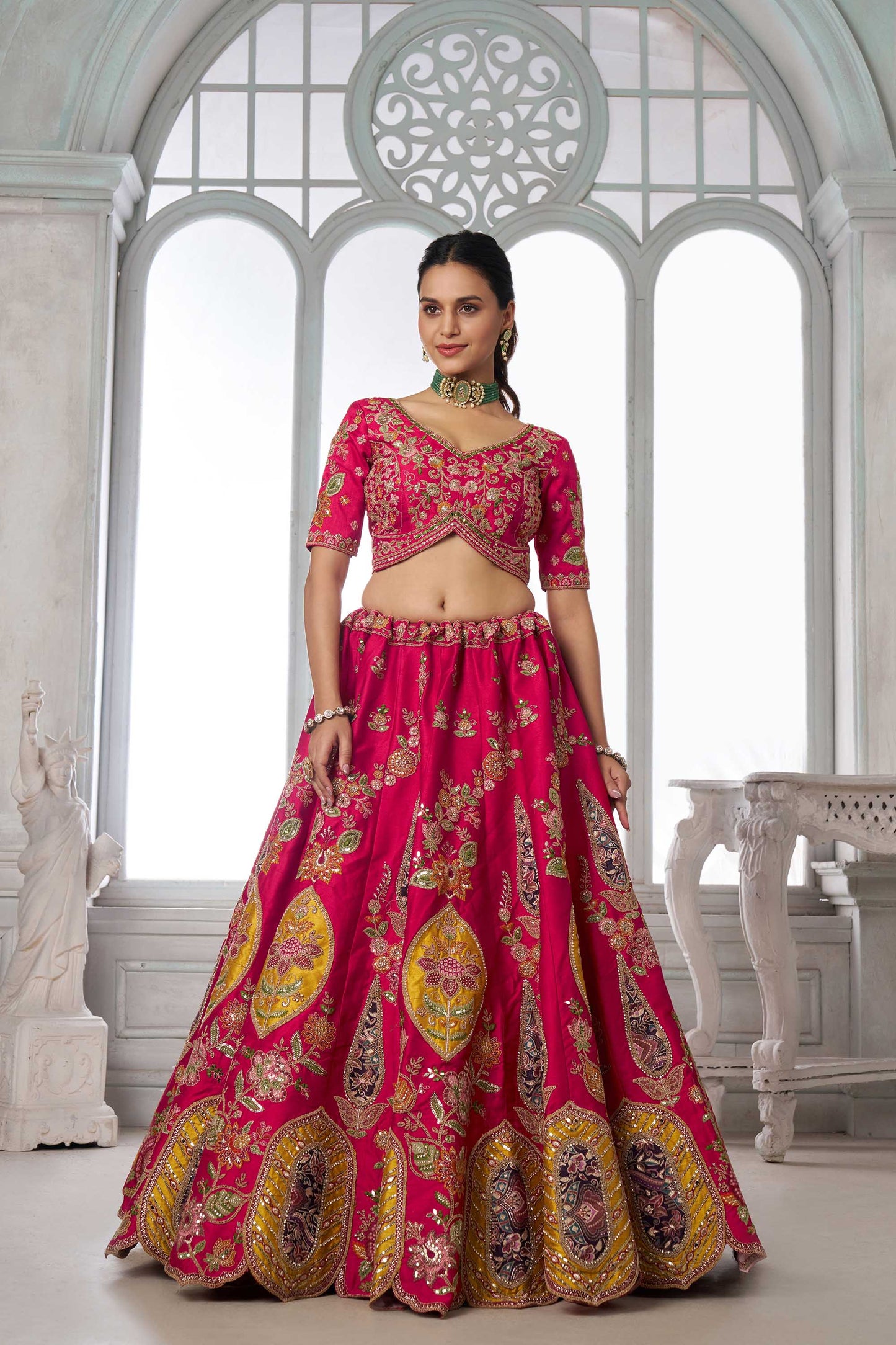 Rani Pink Jacquard Patch Work & Zari Embroidered Silk Bridal Lehenga