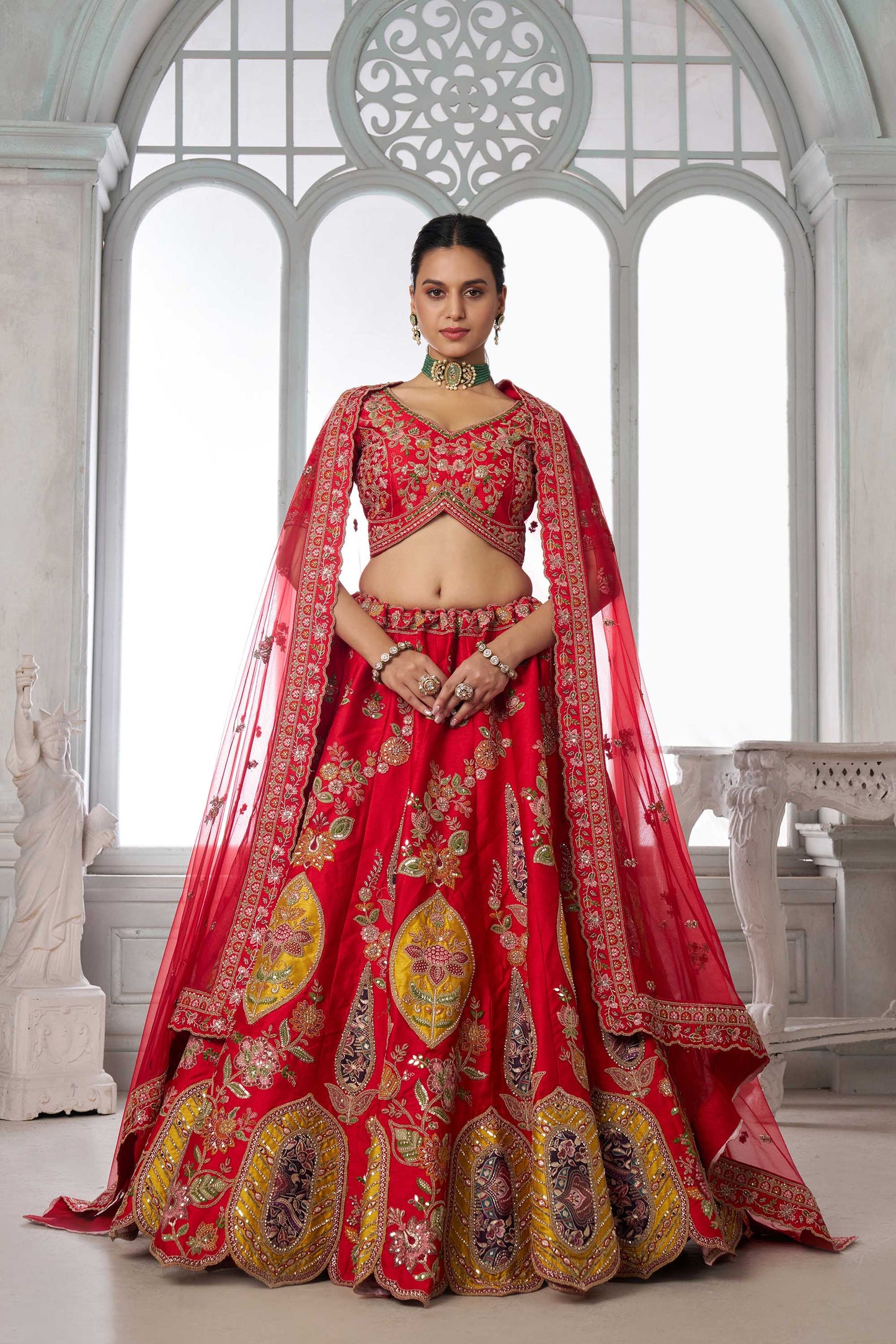 Red Zari Patch Work & Sequins Embroidered Silk Bridal Lehenga