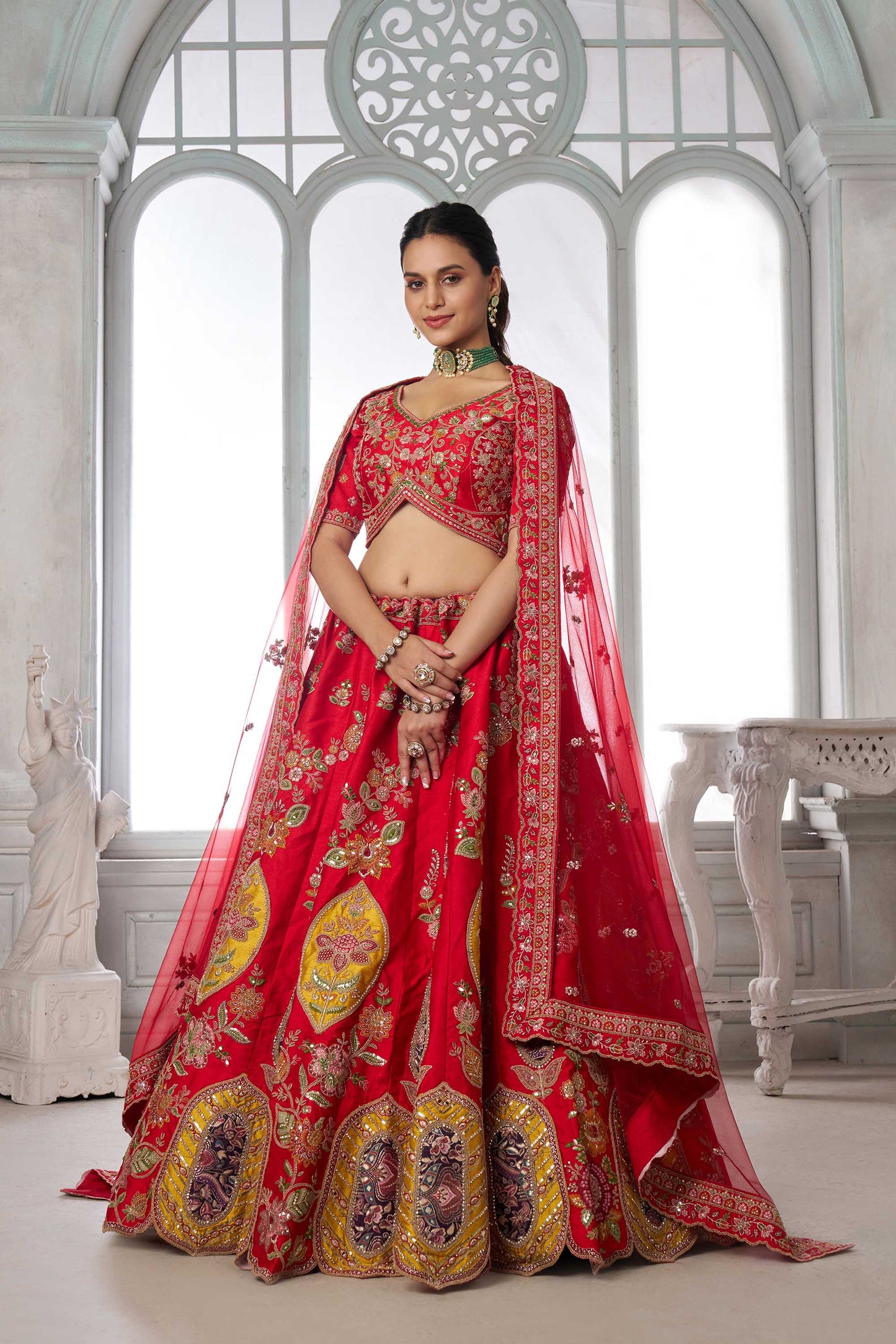Red Zari Patch Work & Sequins Embroidered Silk Bridal Lehenga