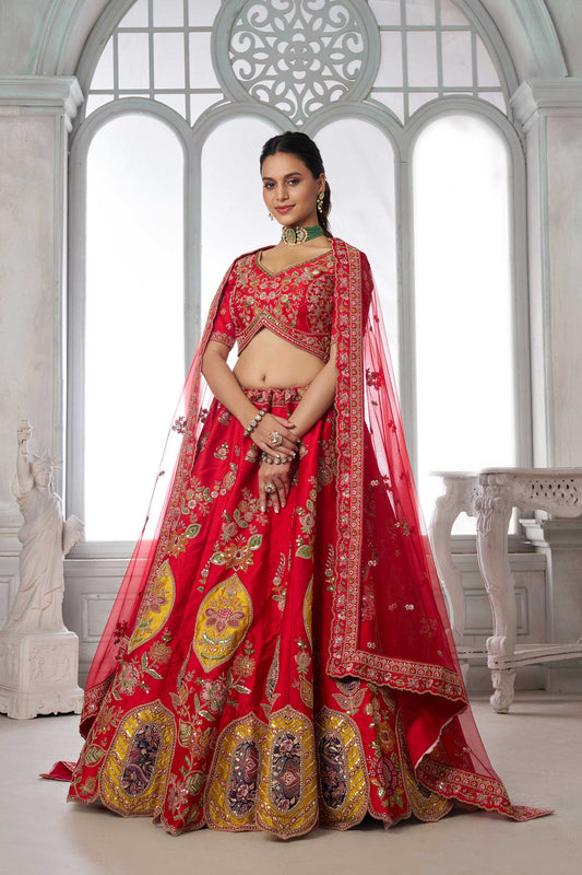 Red Zari Patch Work & Sequins Embroidered Silk Bridal Lehenga