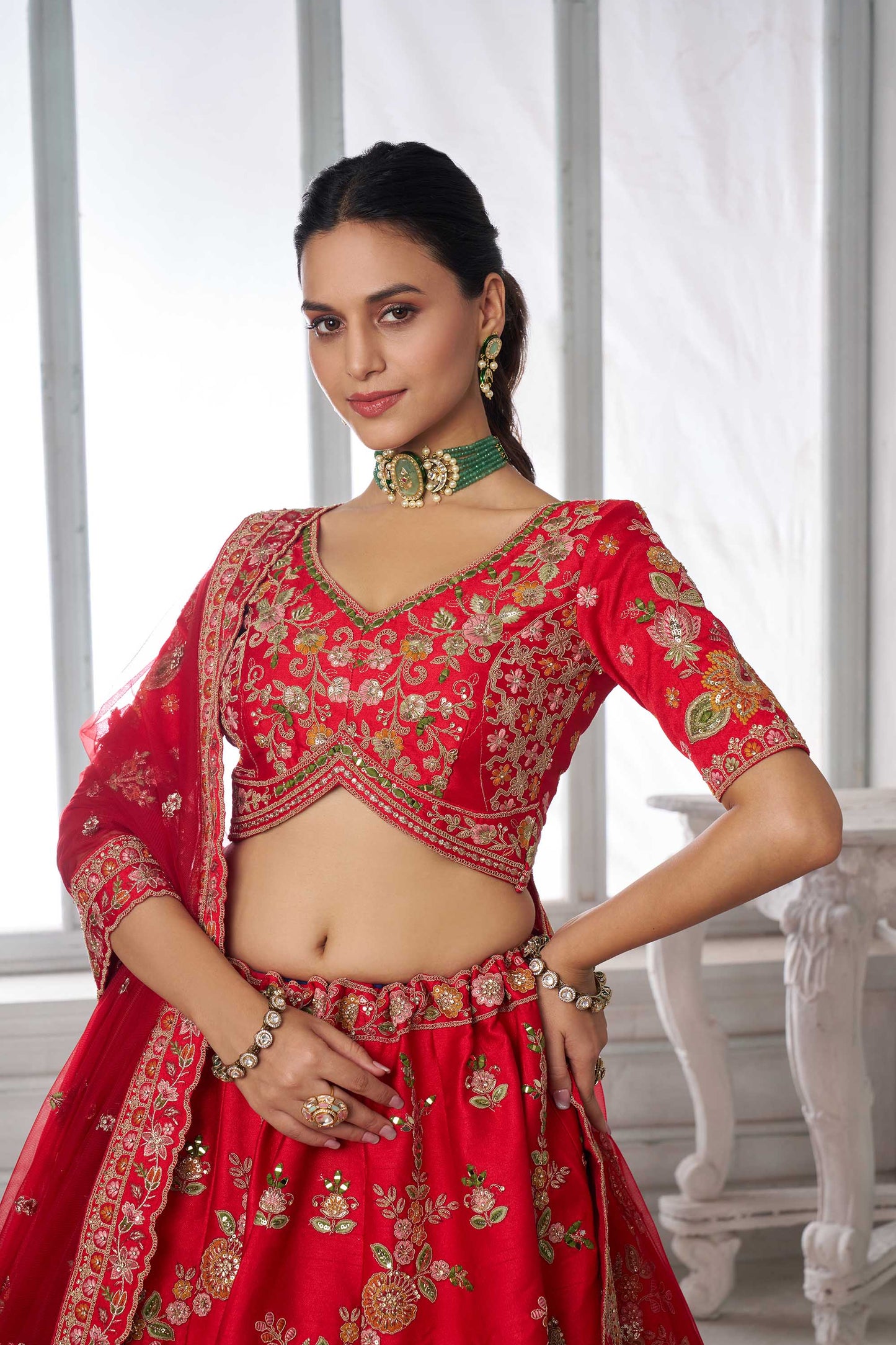 Red Zari Patch Work & Sequins Embroidered Silk Bridal Lehenga
