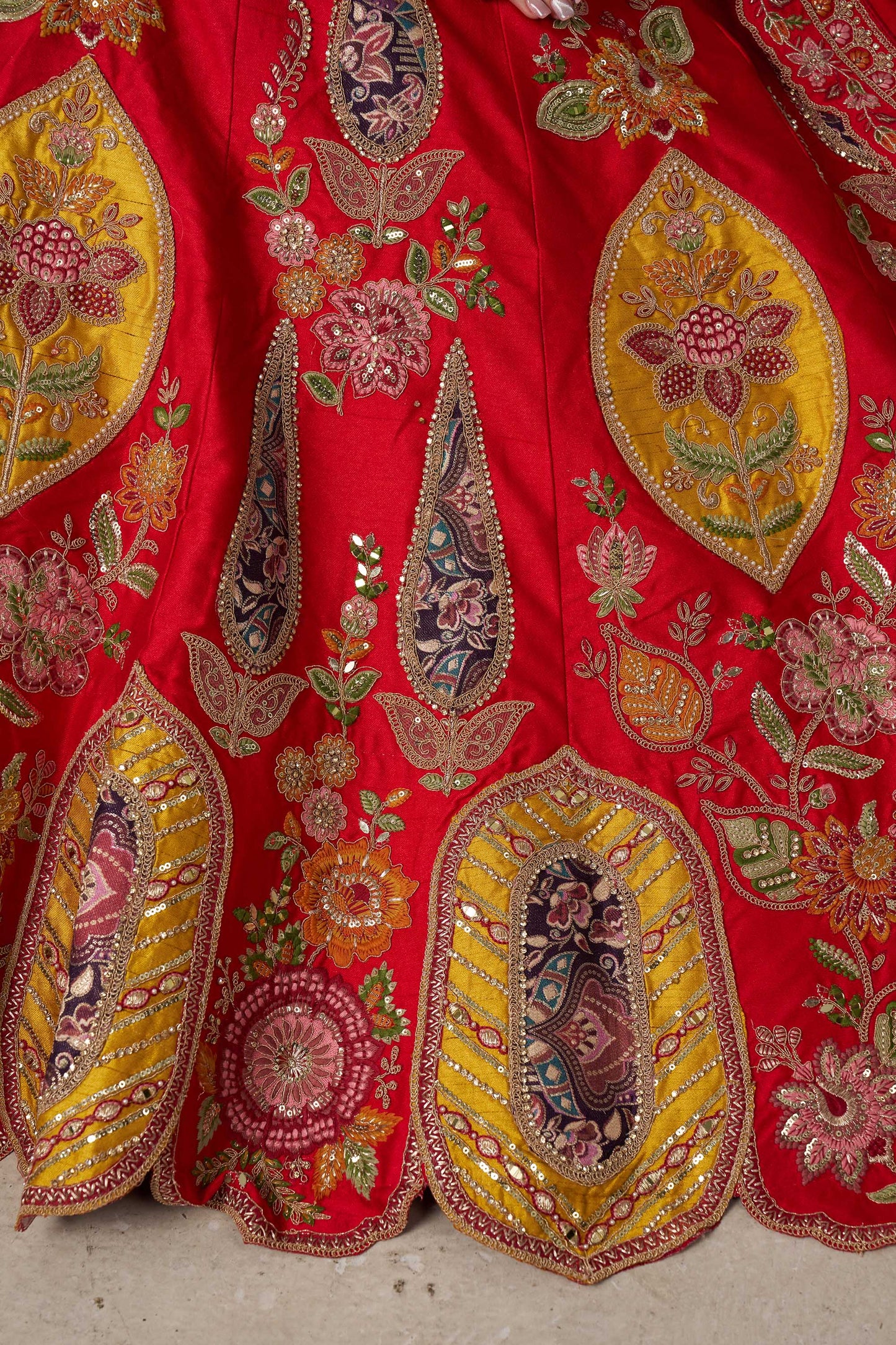 Red Zari Patch Work & Sequins Embroidered Silk Bridal Lehenga