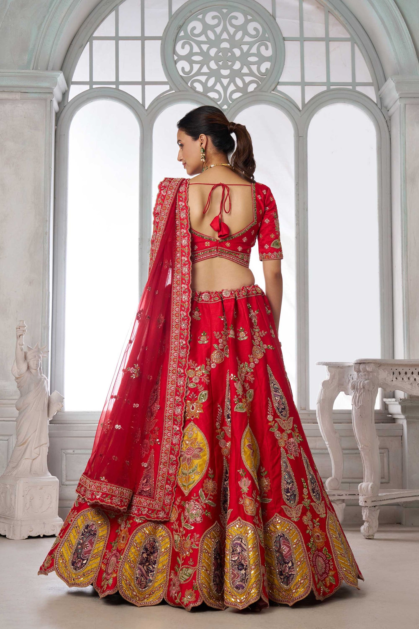 Red Zari Patch Work & Sequins Embroidered Silk Bridal Lehenga