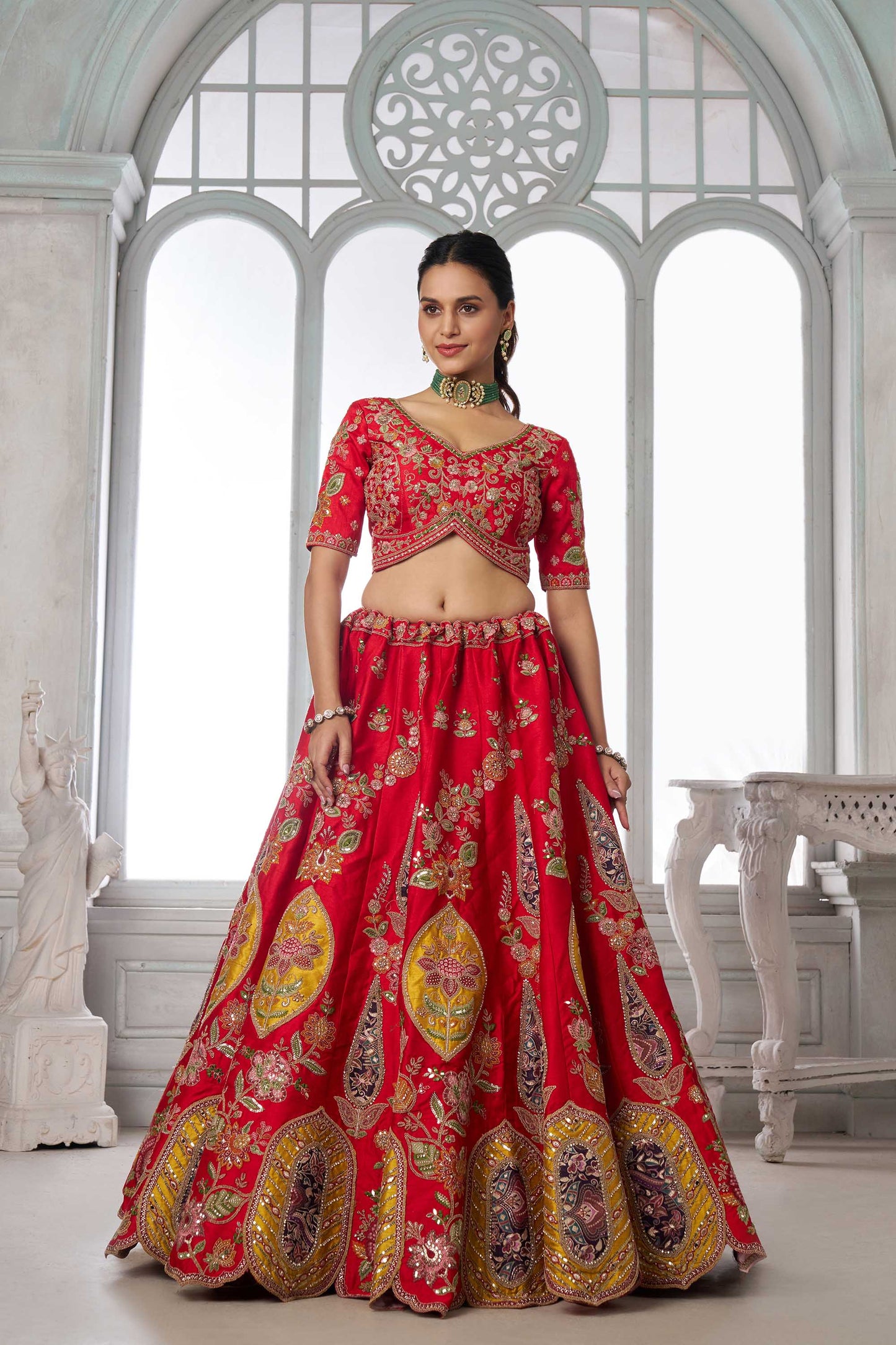 Red Zari Patch Work & Sequins Embroidered Silk Bridal Lehenga