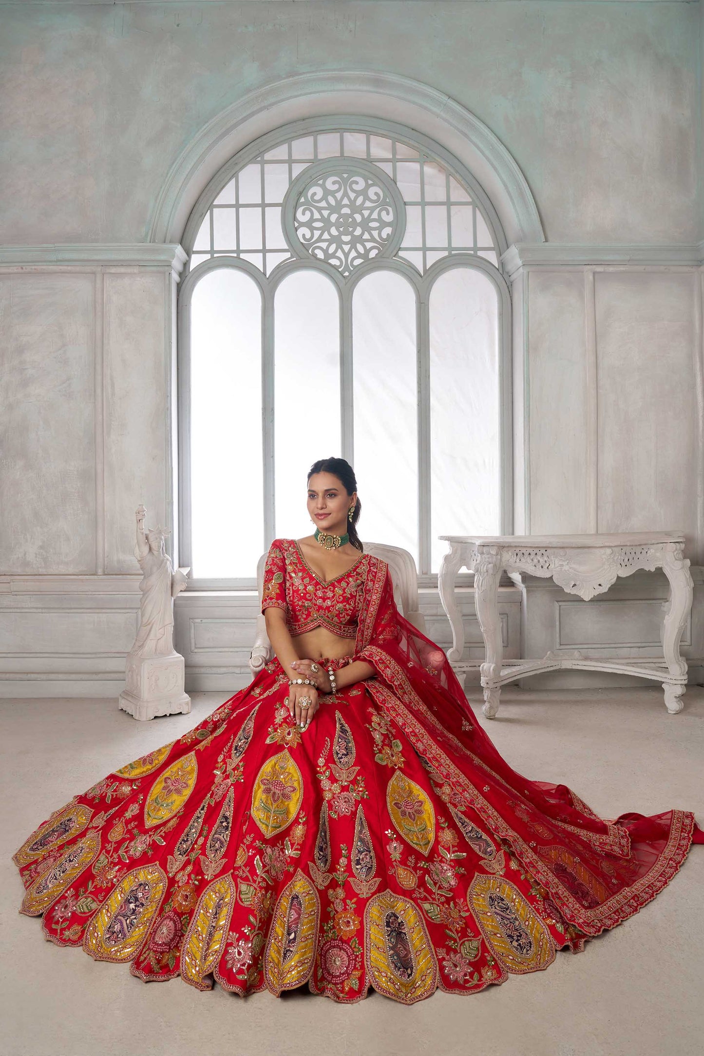 Red Zari Patch Work & Sequins Embroidered Silk Bridal Lehenga