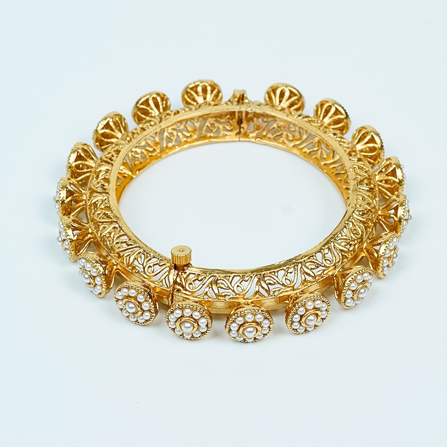 Zevar Club Set of 2 22K Gold-Plated Handcrafted Floral Drop Bangles with White Pearl Accents for Women