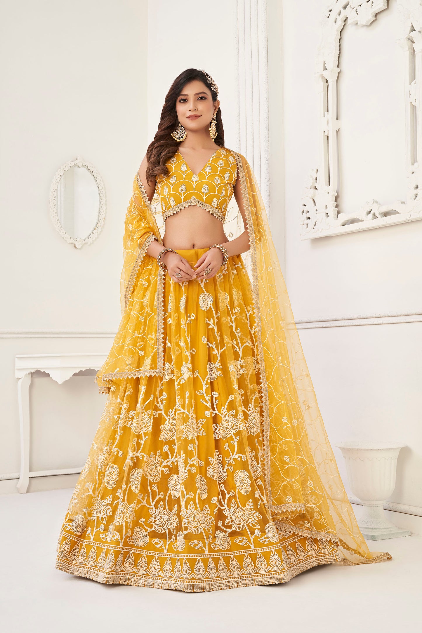 Yellow Sequins Embroidered Net Haldi Lehenga for Bride