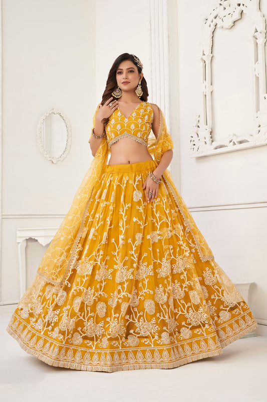 Yellow Sequins Embroidered Net Haldi Lehenga for Bride