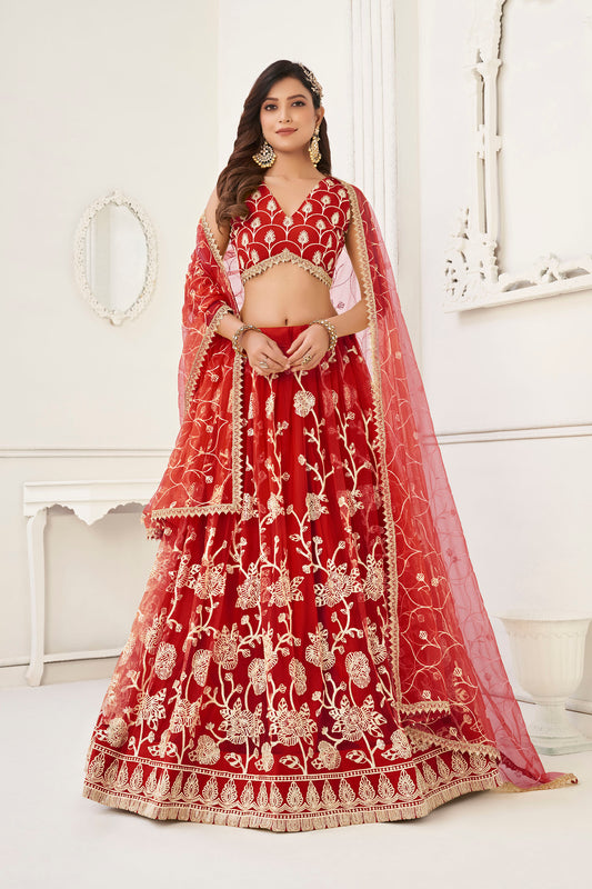 Red Sequins Embroidered Net Wedding Lehenga for Bride