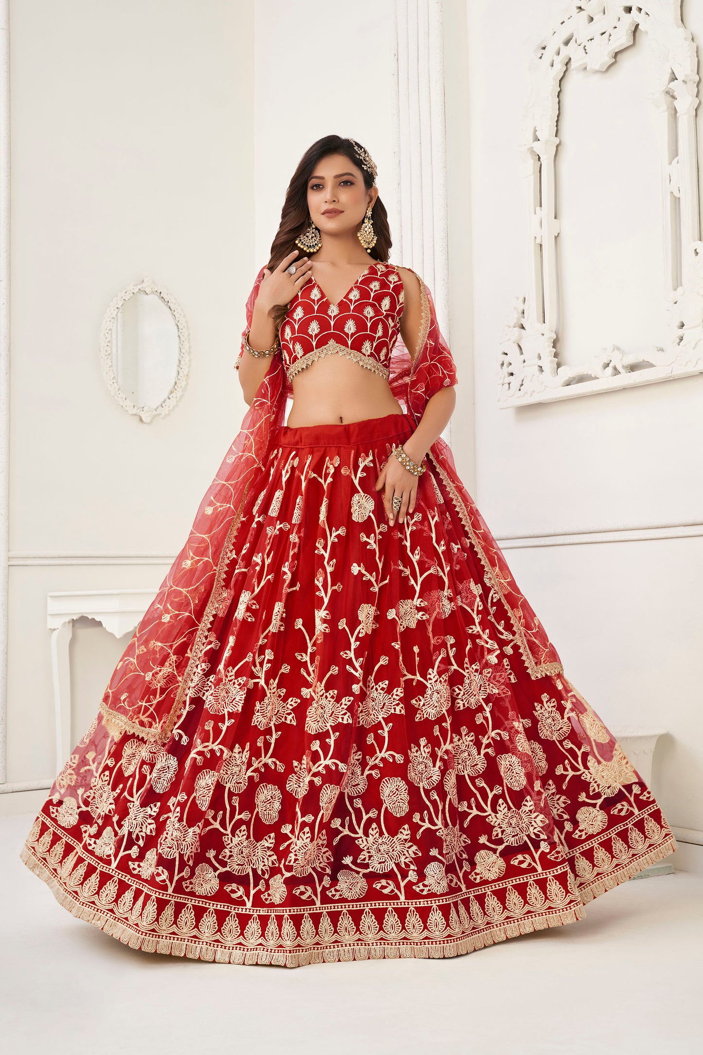 Red Sequins Embroidered Net Wedding Lehenga for Bride