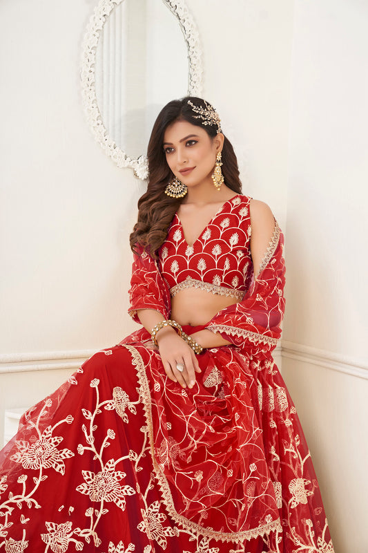Red Sequins Embroidered Net Wedding Lehenga for Bride