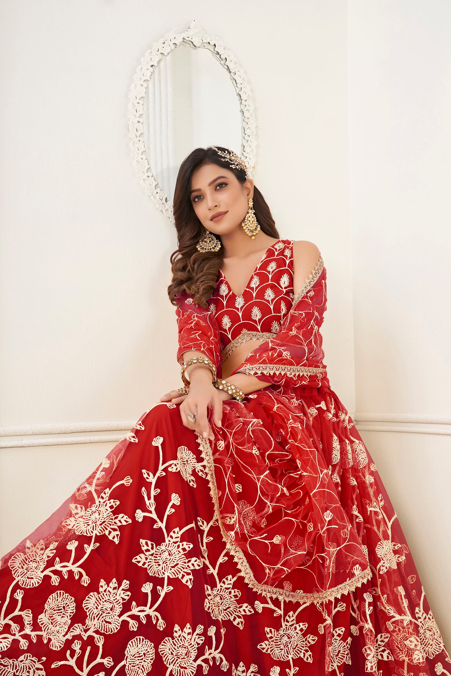 Red Sequins Embroidered Net Wedding Lehenga for Bride