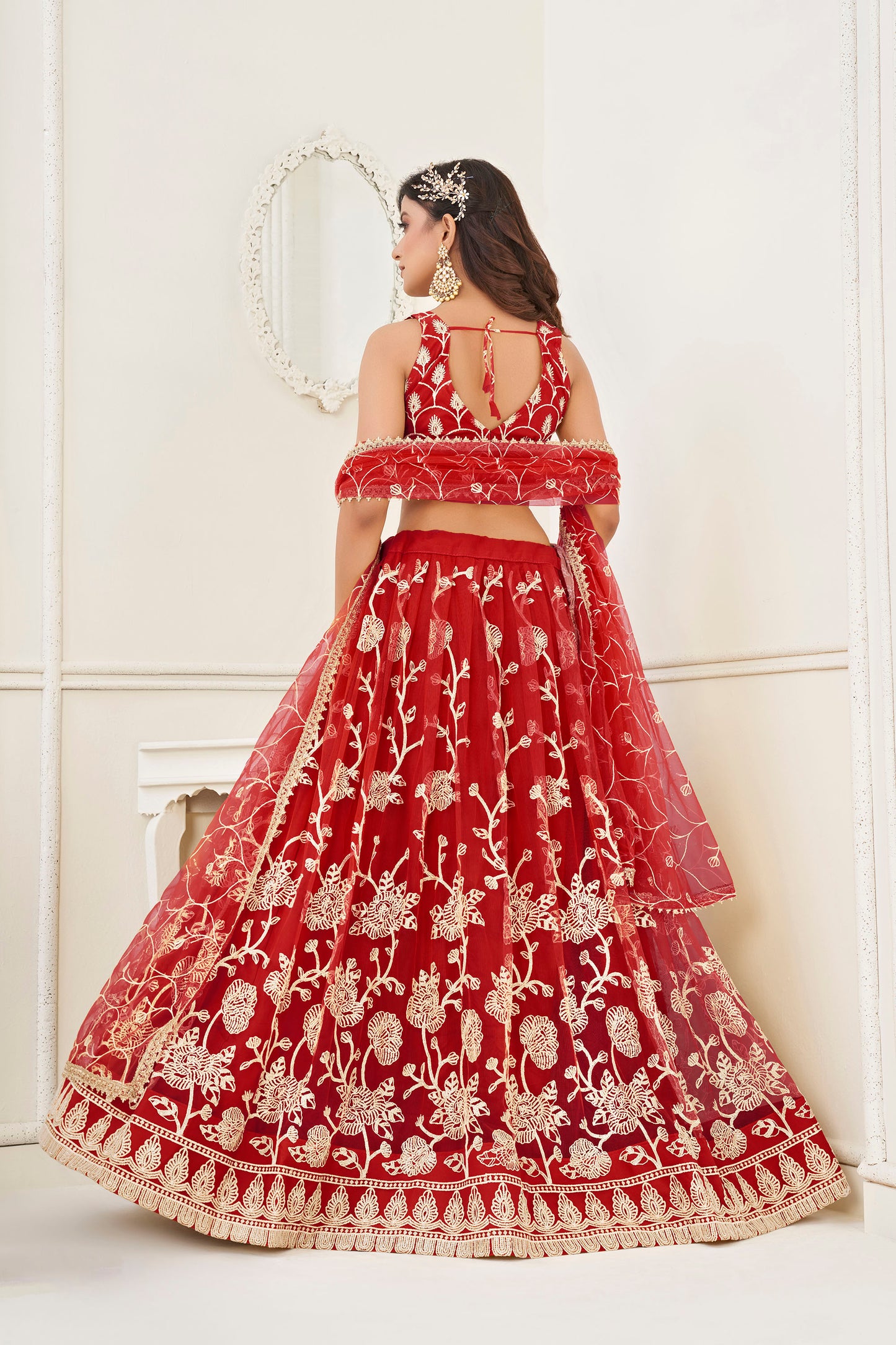 Red Sequins Embroidered Net Wedding Lehenga for Bride