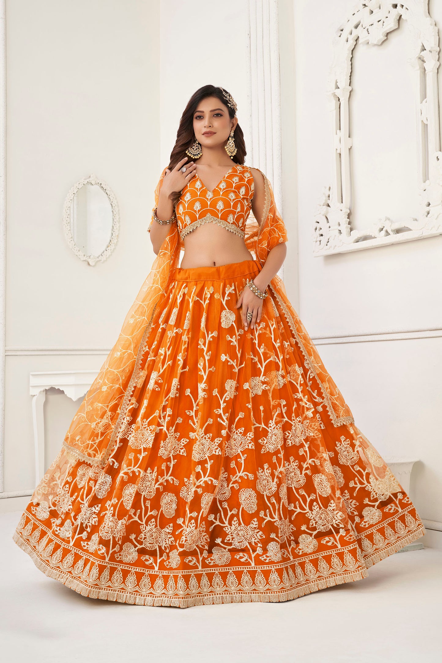 Orange Sequins Embroidered Net Engagement Lehenga for Bride