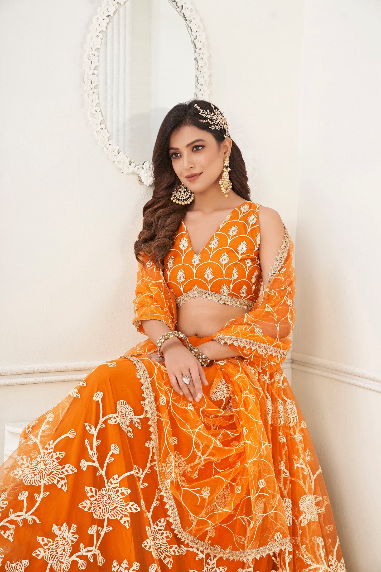 Orange Sequins Embroidered Net Engagement Lehenga for Bride