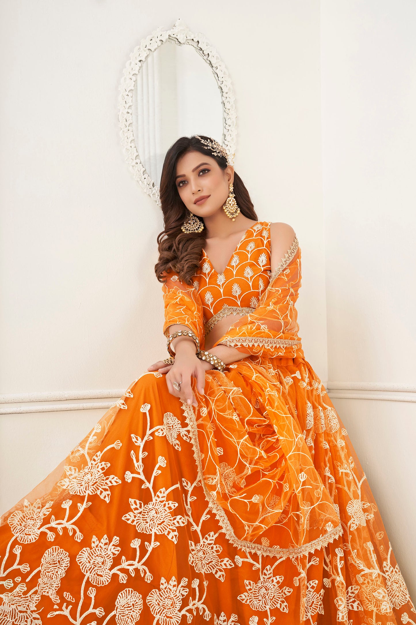 Orange Sequins Embroidered Net Engagement Lehenga for Bride