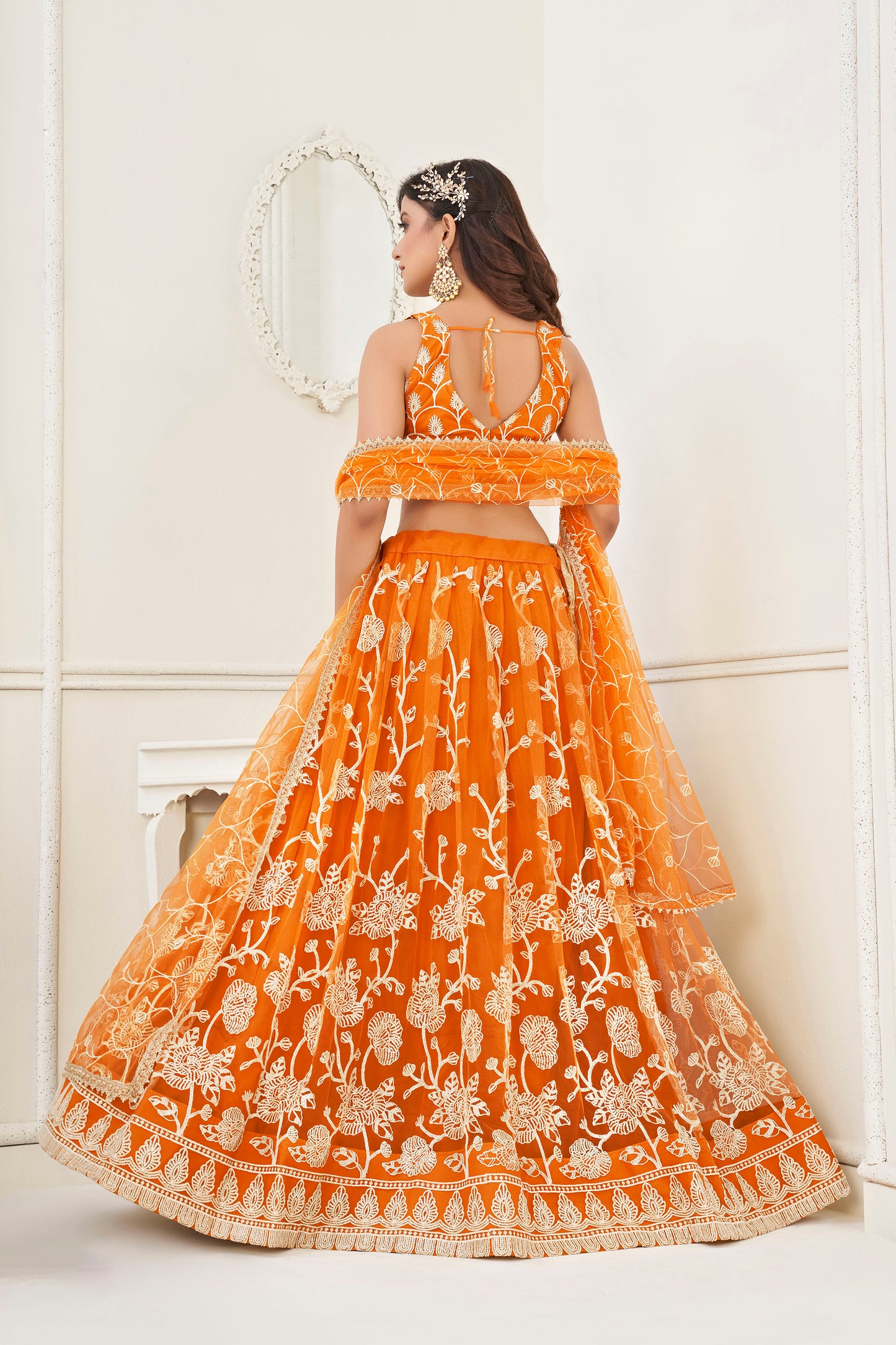Orange Sequins Embroidered Net Engagement Lehenga for Bride