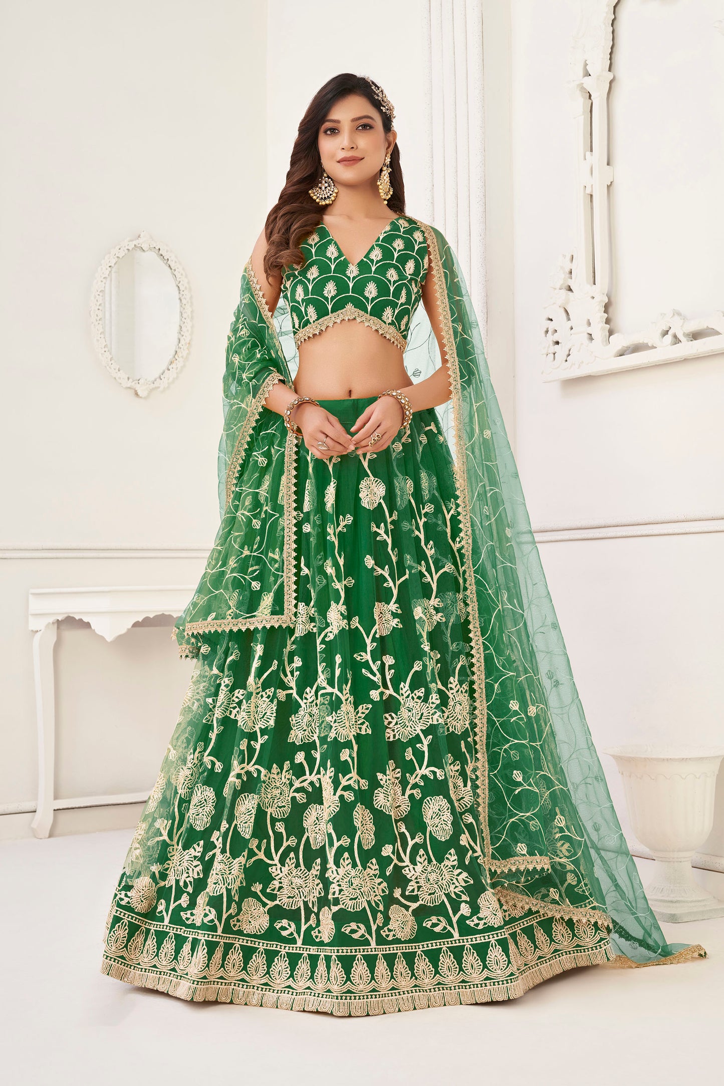 Green Sequins Embroidered Net Mehendi Lehenga for Bride
