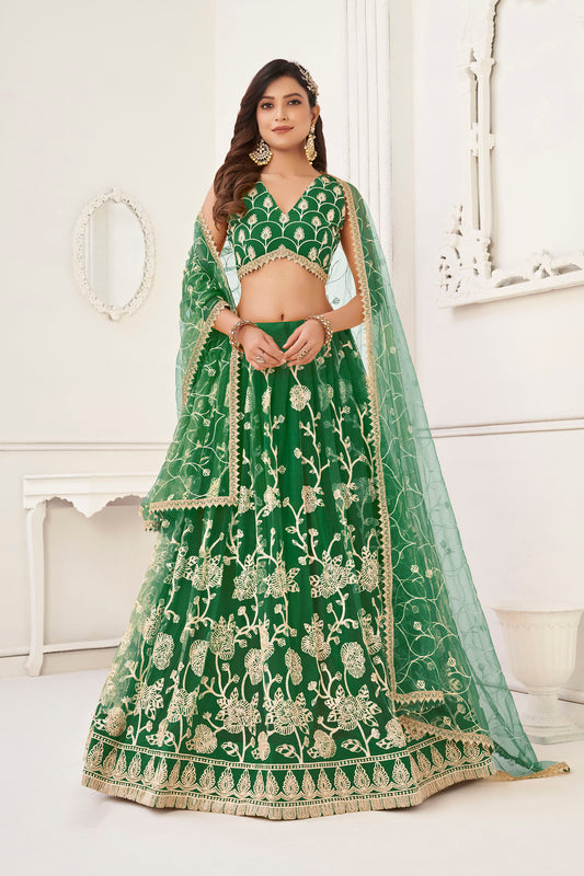 Green Sequins Embroidered Net Mehendi Lehenga for Bride