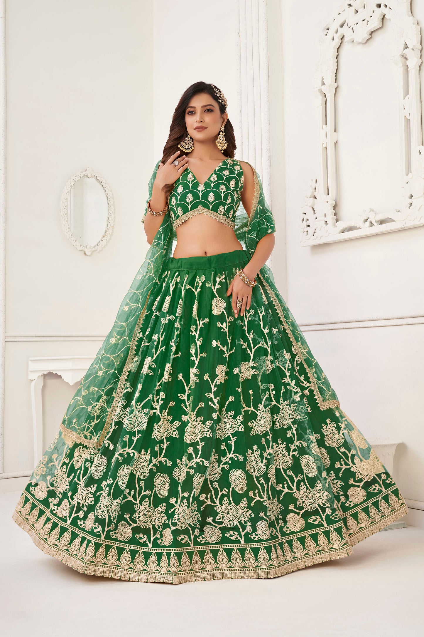 Green Sequins Embroidered Net Mehendi Lehenga for Bride