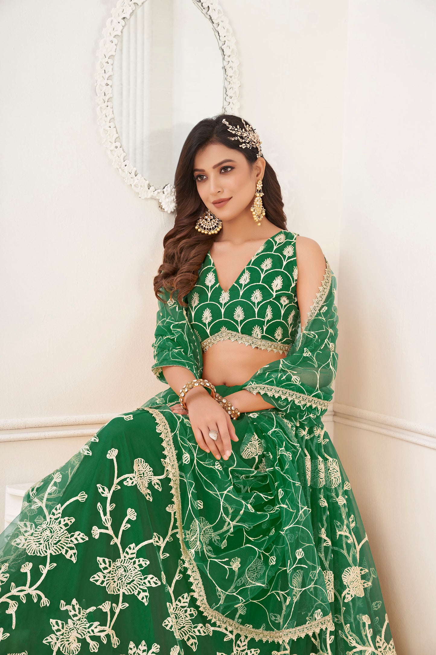 Green Sequins Embroidered Net Mehendi Lehenga for Bride