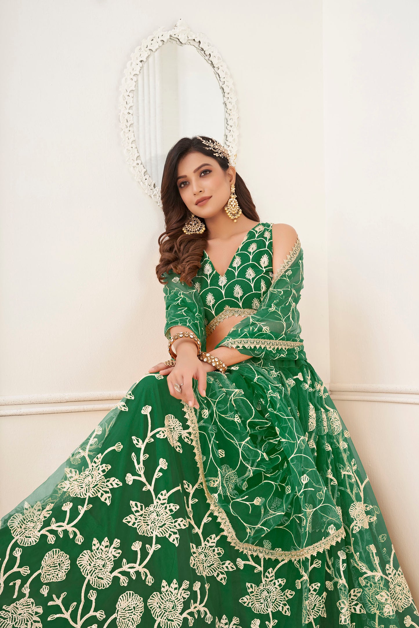 Green Sequins Embroidered Net Mehendi Lehenga for Bride