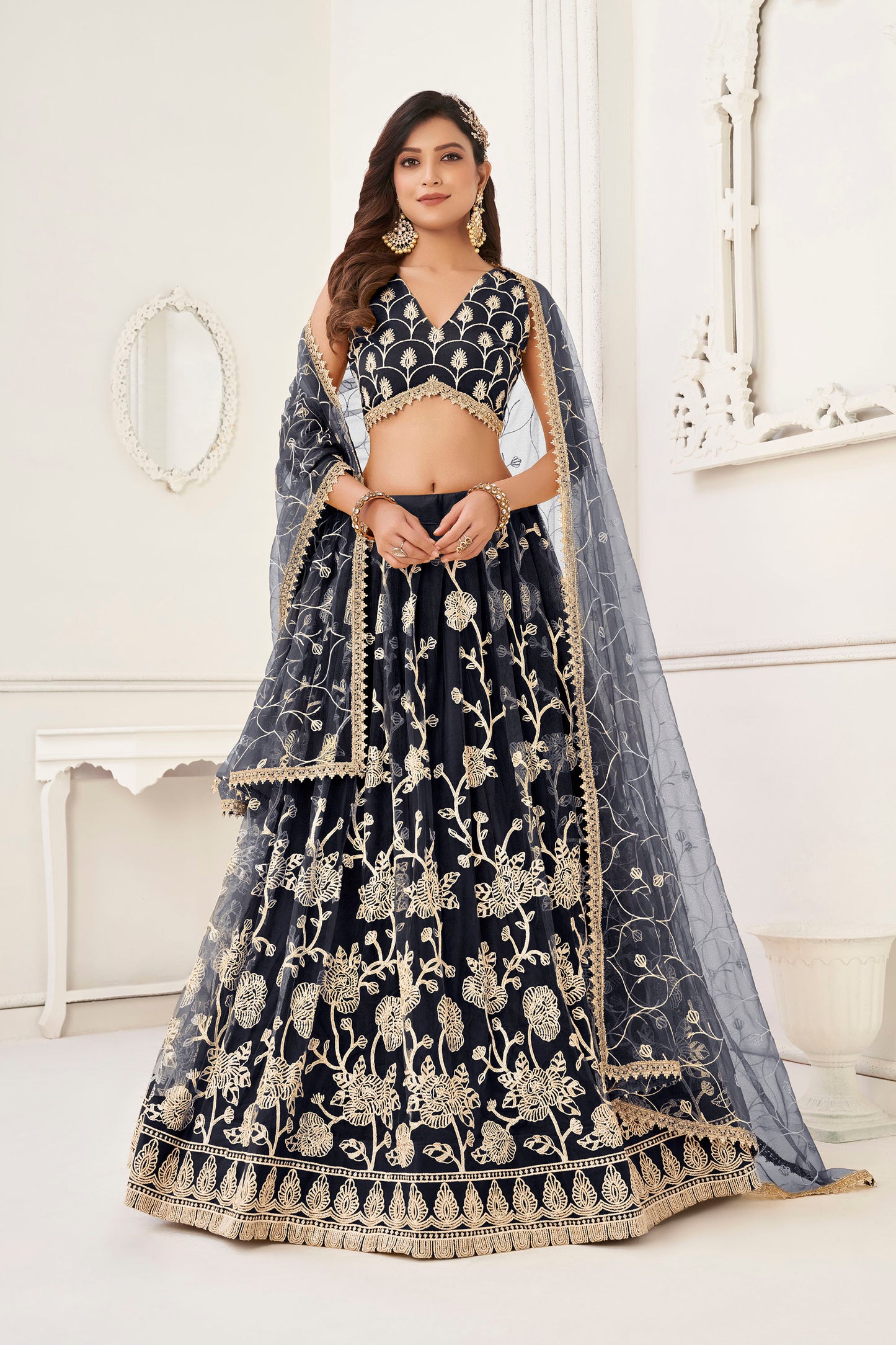 Black Sequins Embroidered Net Reception Lehenga for Bridesmaid