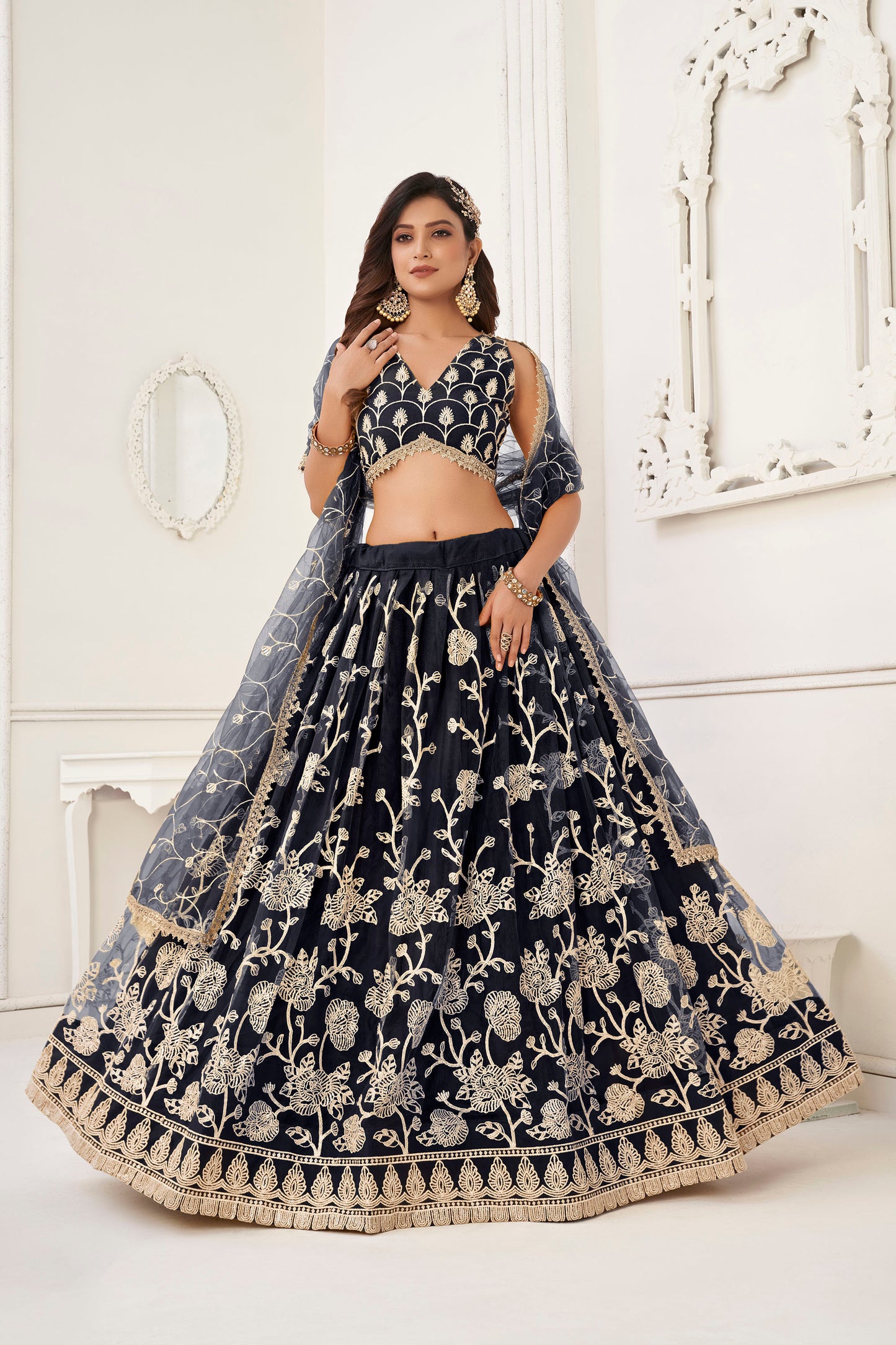 Black Sequins Embroidered Net Reception Lehenga for Bridesmaid