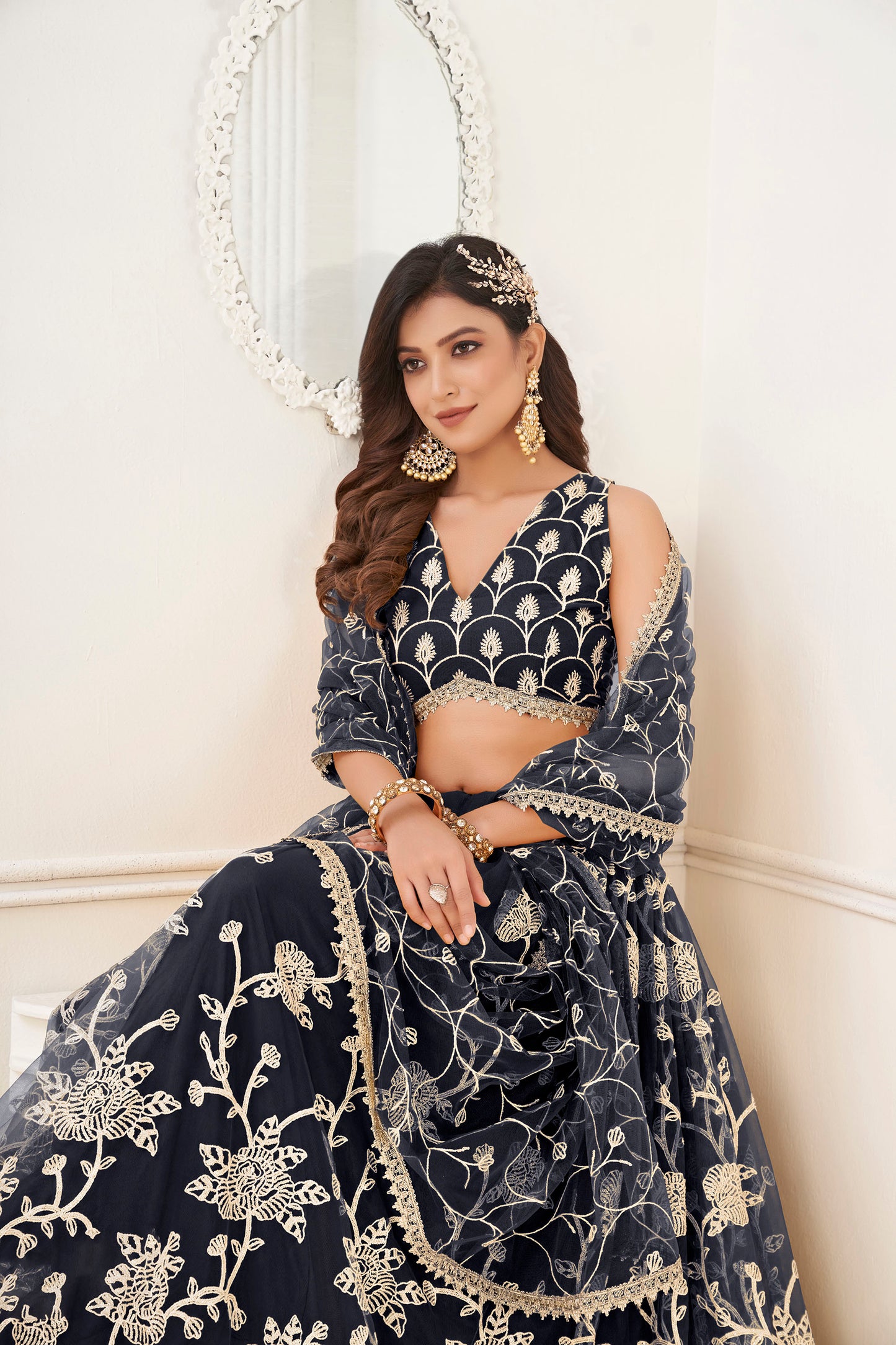 Black Sequins Embroidered Net Reception Lehenga for Bridesmaid