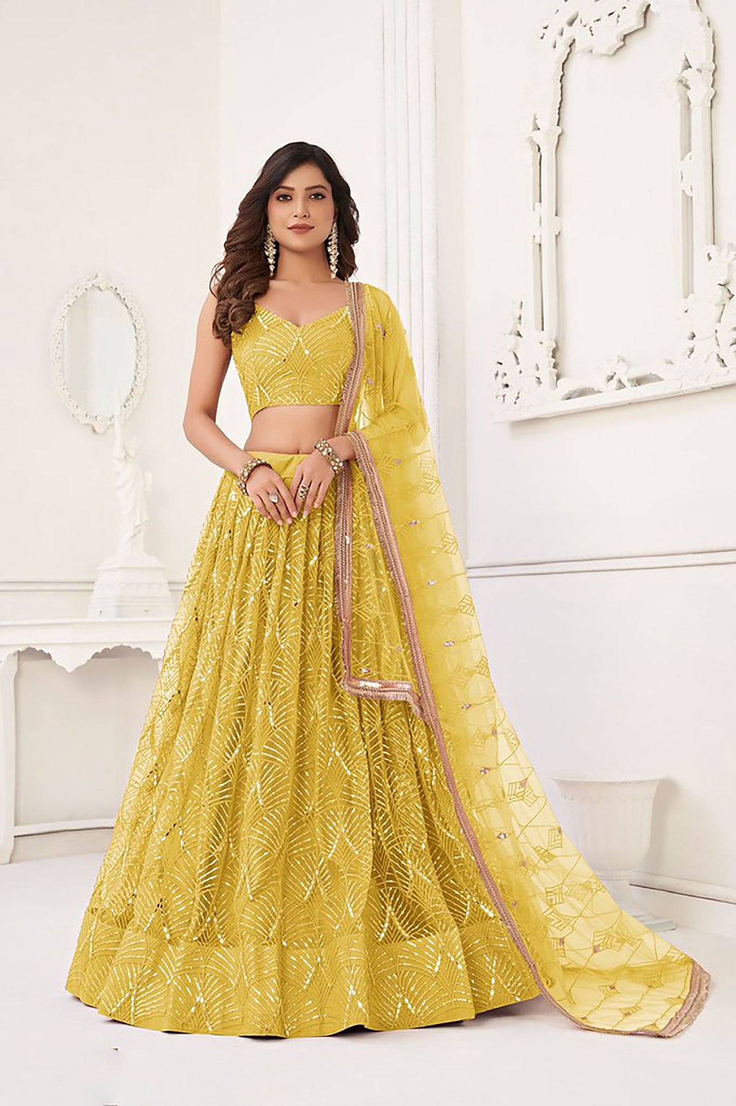 Yellow Net Hand Work & Sequins Embroidered Umbrella Lehenga for Haldi