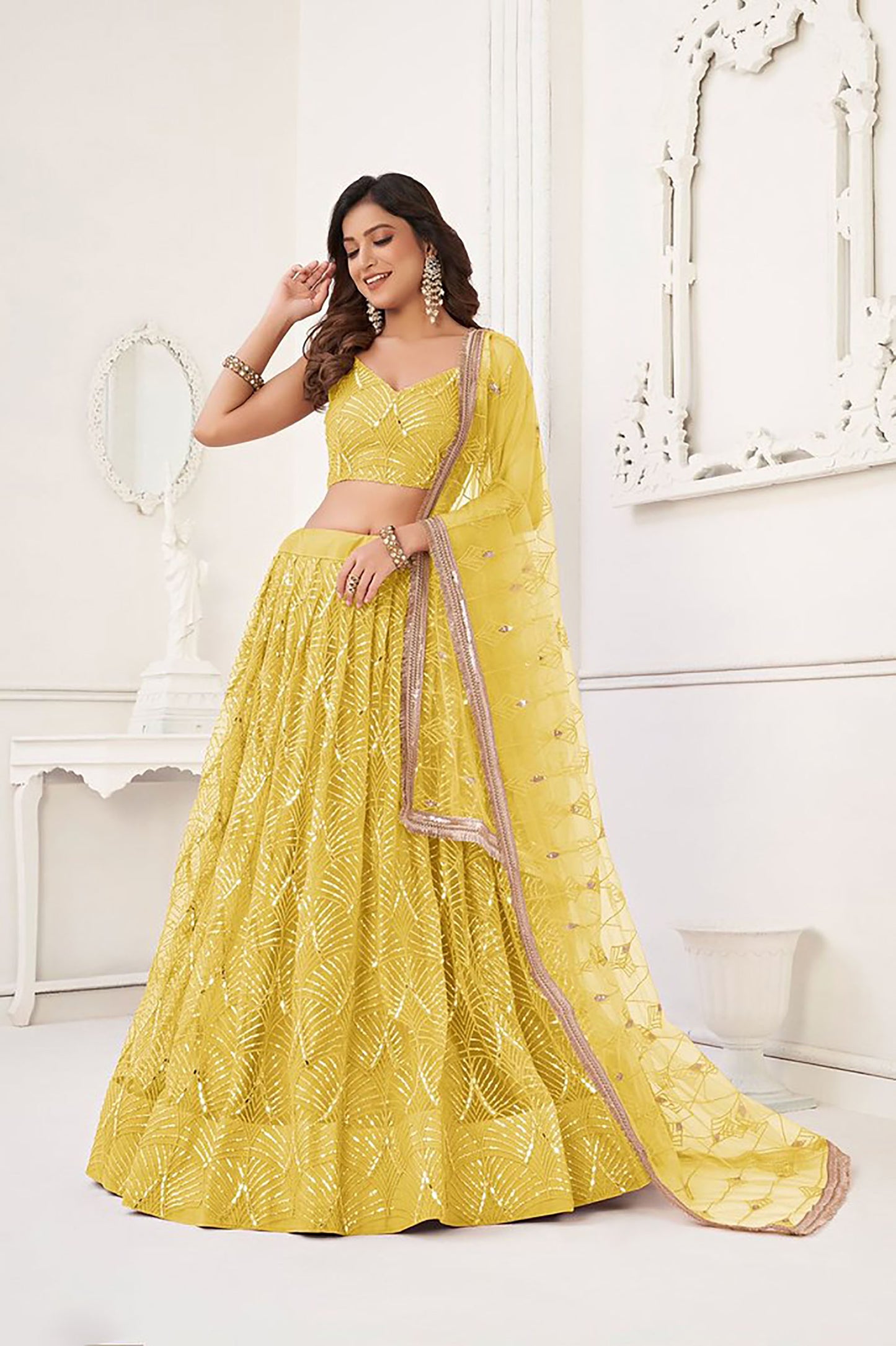 Yellow Net Hand Work & Sequins Embroidered Umbrella Lehenga for Haldi