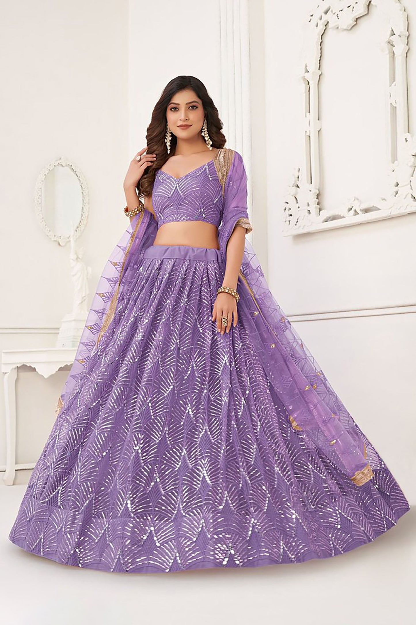 Lavender Net Hand Work & Sequins Embroidered Umbrella Lehenga for Sangeet
