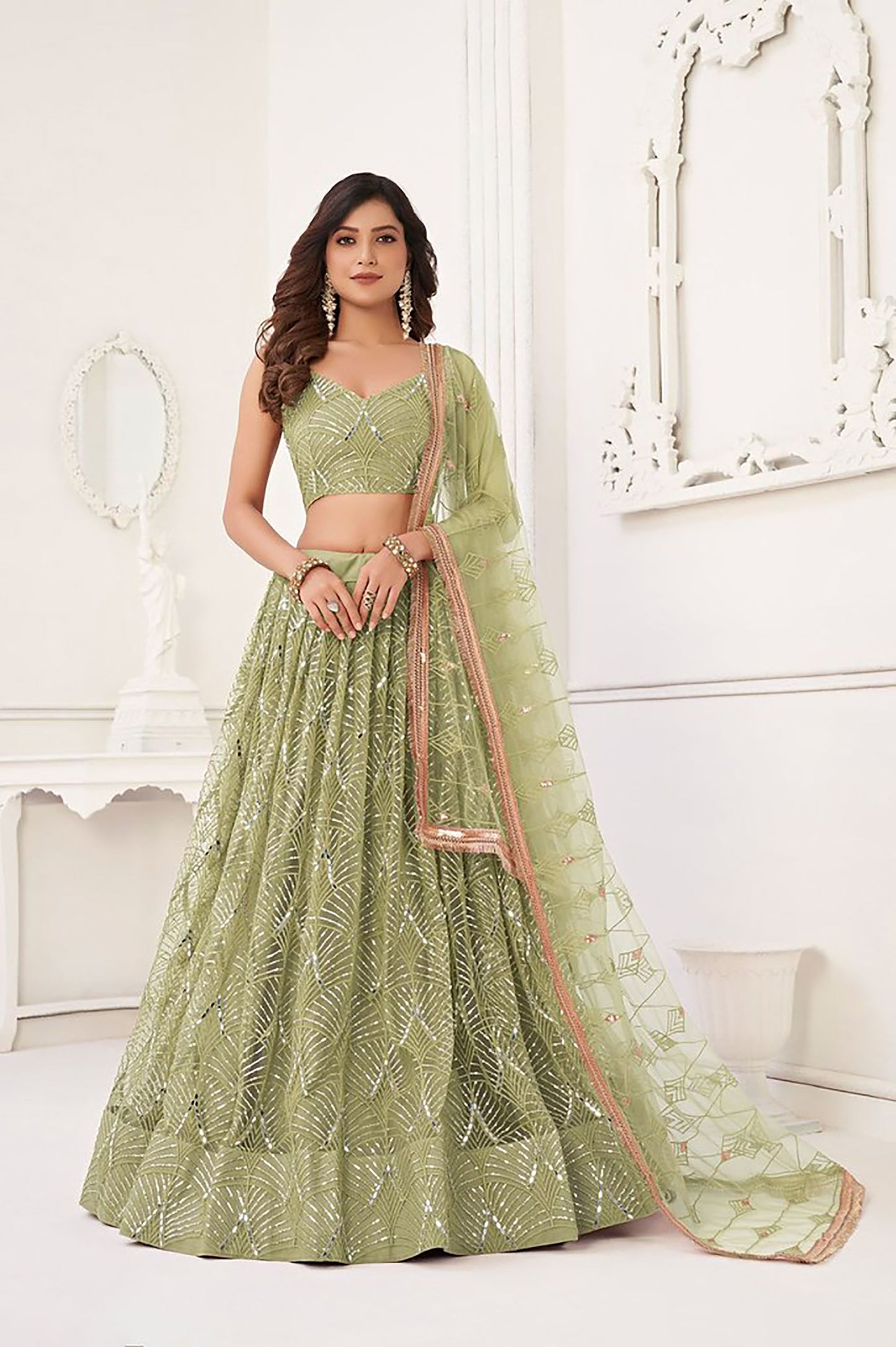Pista Green Net Hand Work & Sequins Embroidered Umbrella Lehenga for Mehendi