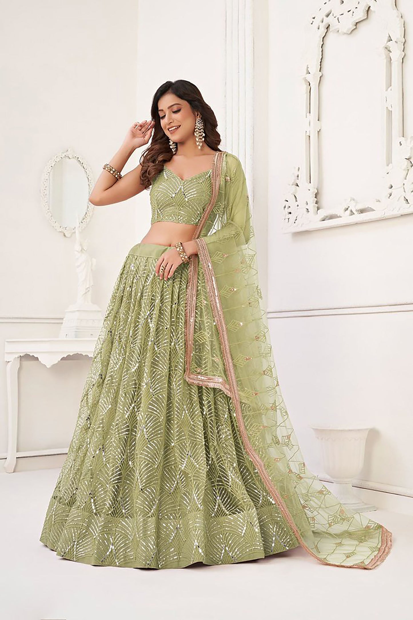 Pista Green Net Hand Work & Sequins Embroidered Umbrella Lehenga for Mehendi