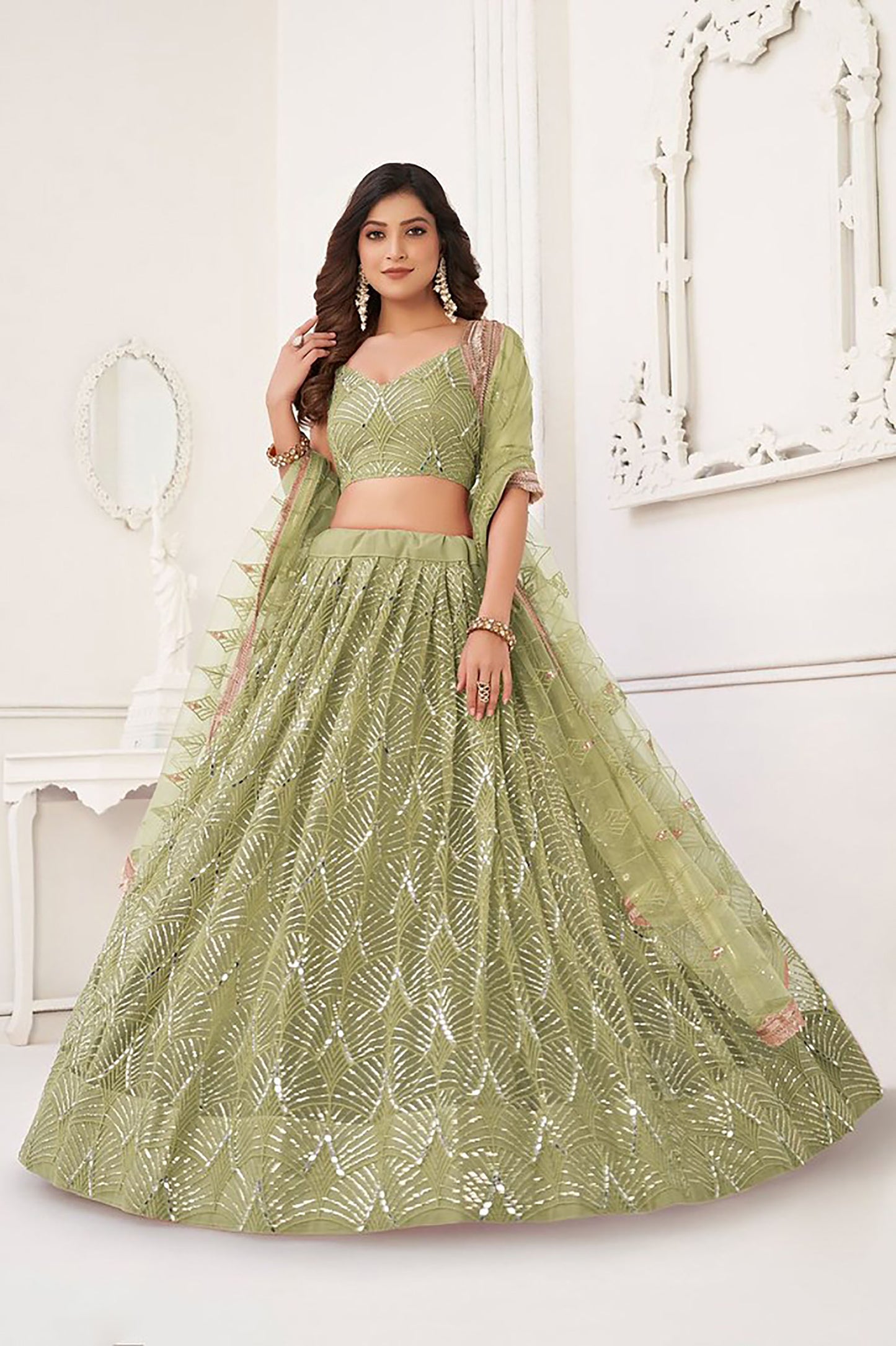 Pista Green Net Hand Work & Sequins Embroidered Umbrella Lehenga for Mehendi