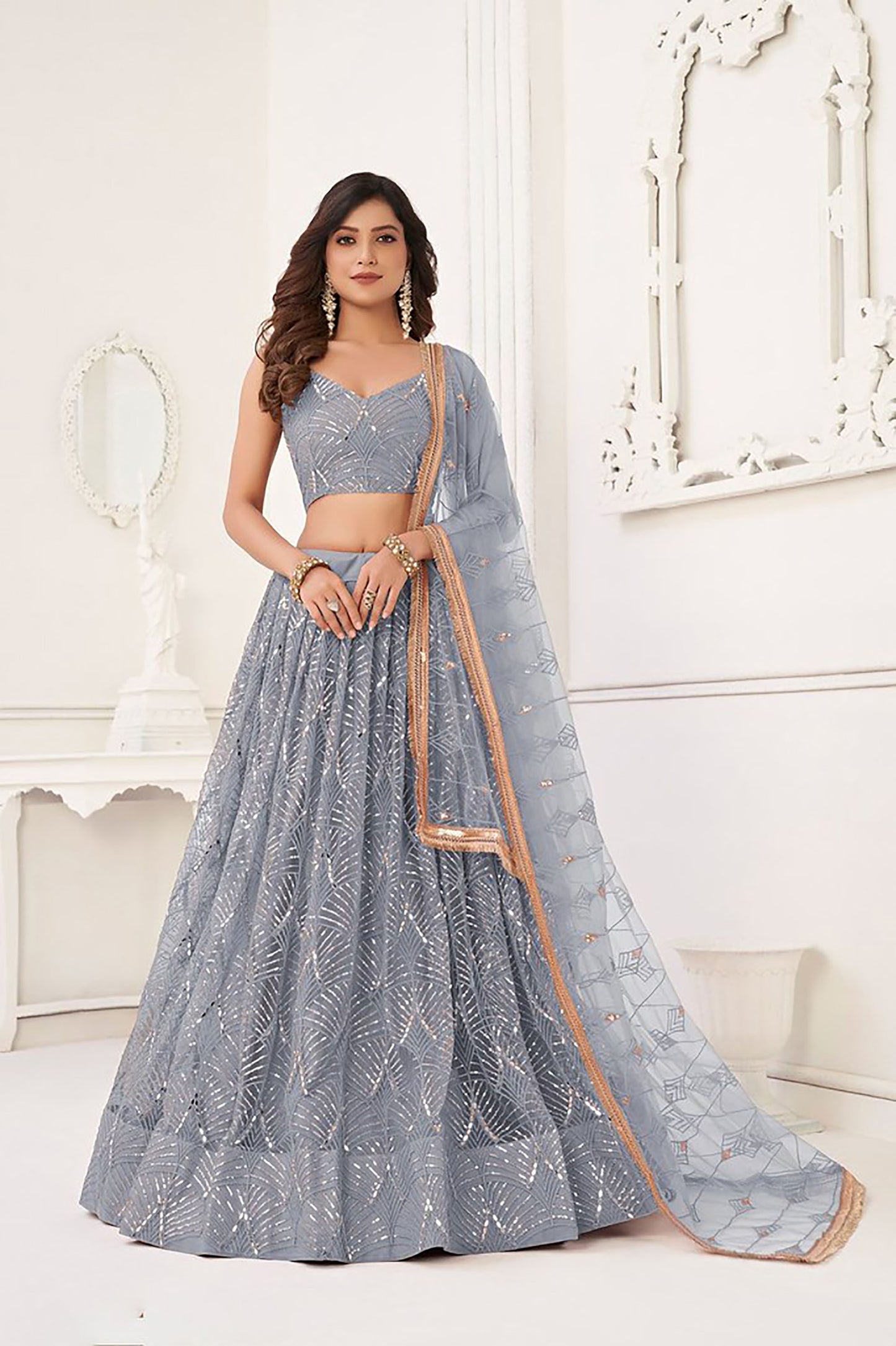 Grey Net Hand Work & Sequins Embroidered Umbrella Lehenga