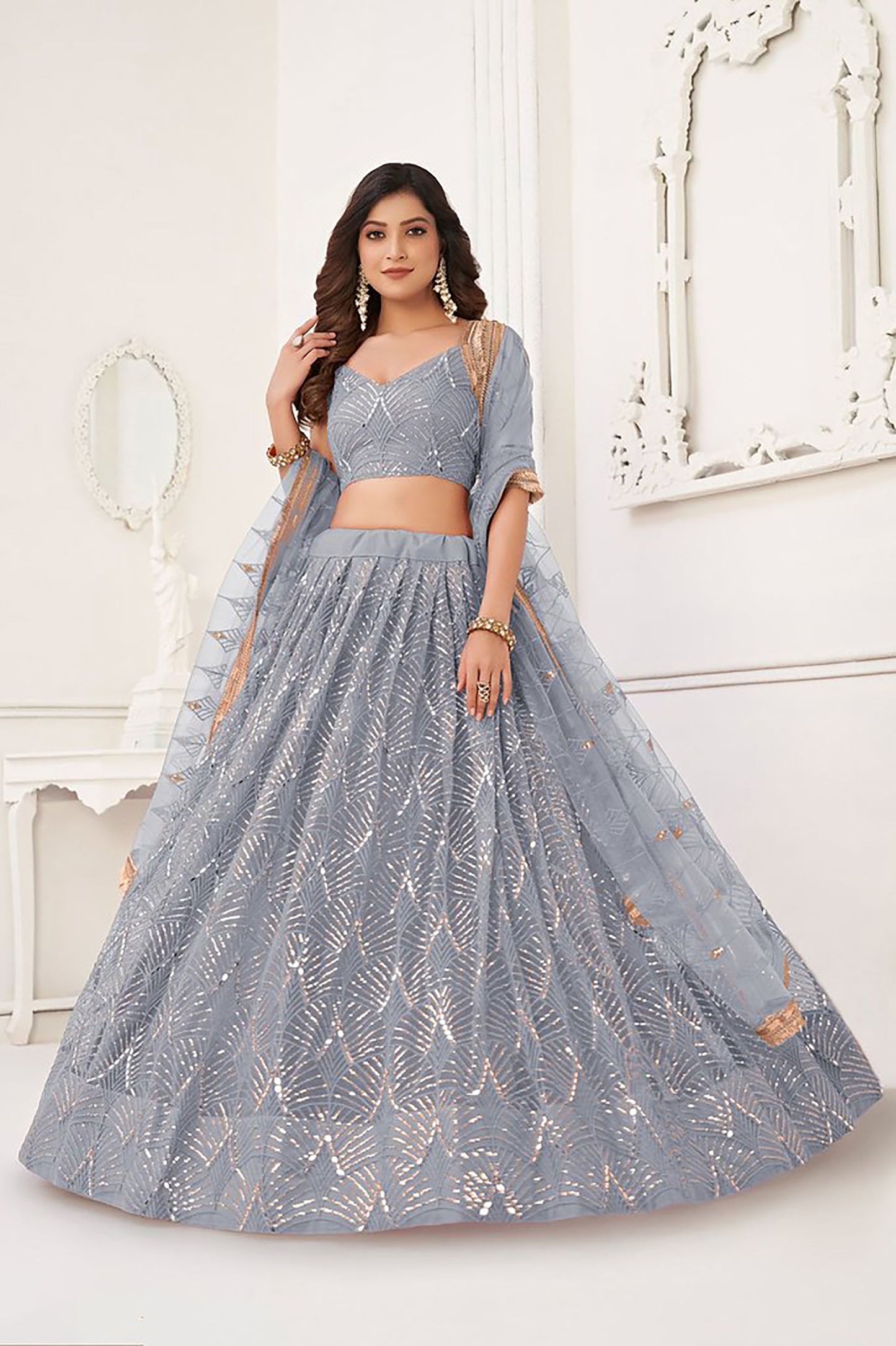 Grey Net Hand Work & Sequins Embroidered Umbrella Lehenga