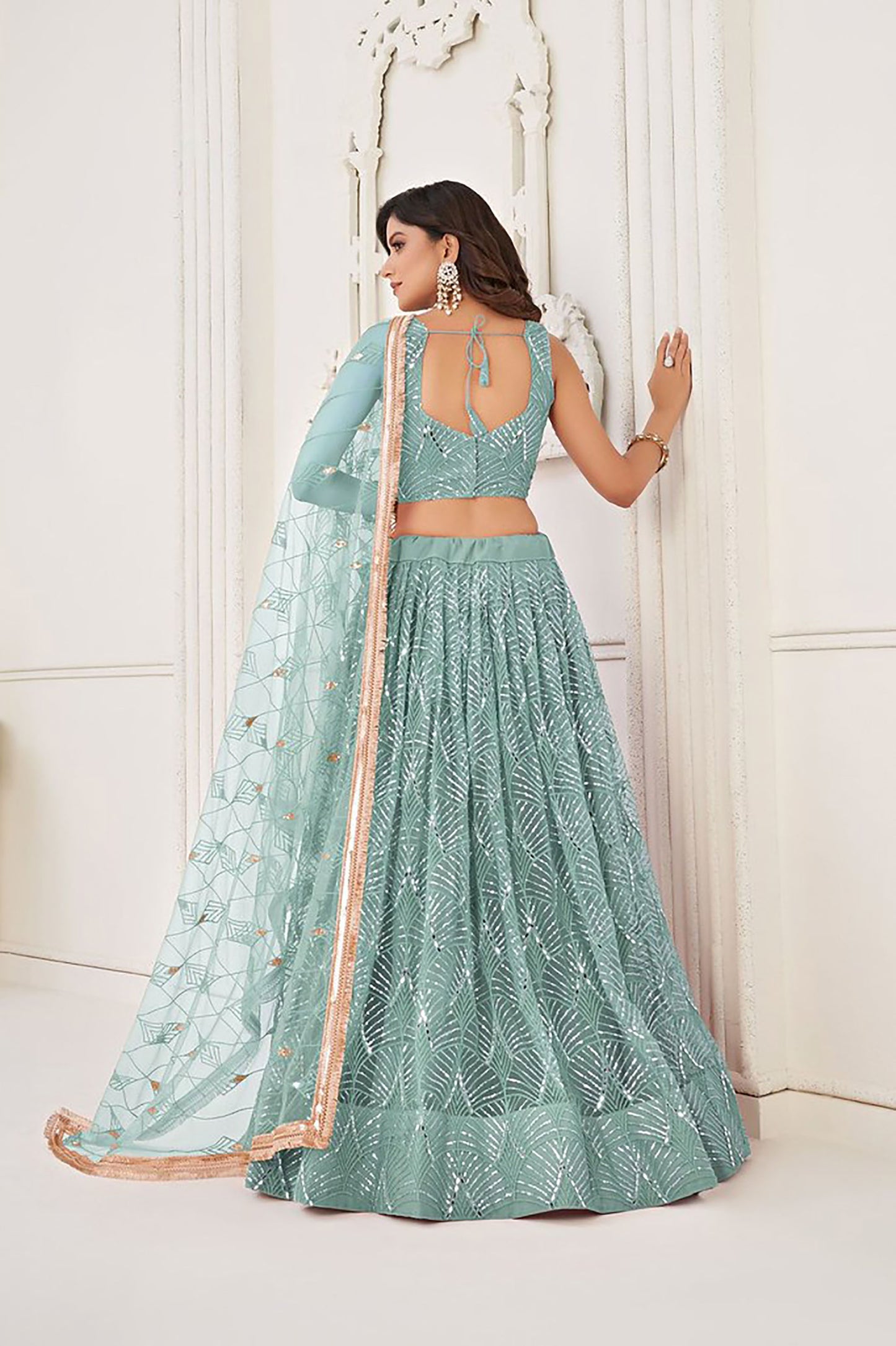 Turquoise Blue Net Hand Work & Sequins Embroidered Umbrella Lehenga