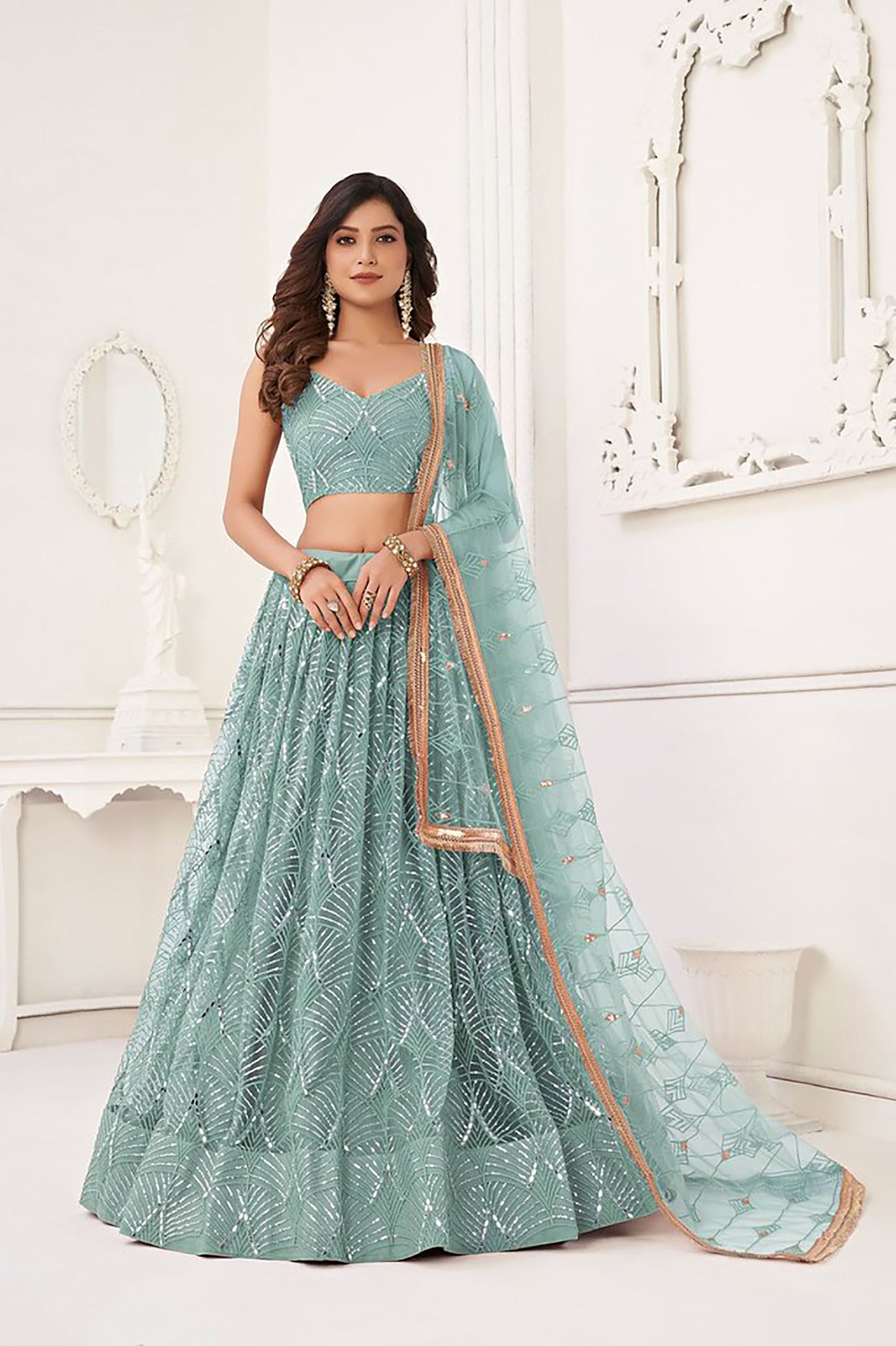 Turquoise Blue Net Hand Work & Sequins Embroidered Umbrella Lehenga