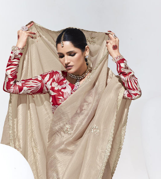 Beige Glass Tissue & organza Sequnis & Dhaga Embroidered Designer Party Wear Saree