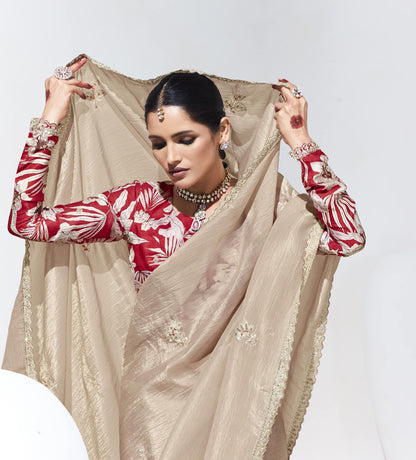 Beige Glass Tissue & organza Sequnis & Dhaga Embroidered Designer Party Wear Saree