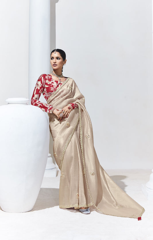 Beige Glass Tissue & organza Sequnis & Dhaga Embroidered Designer Party Wear Saree