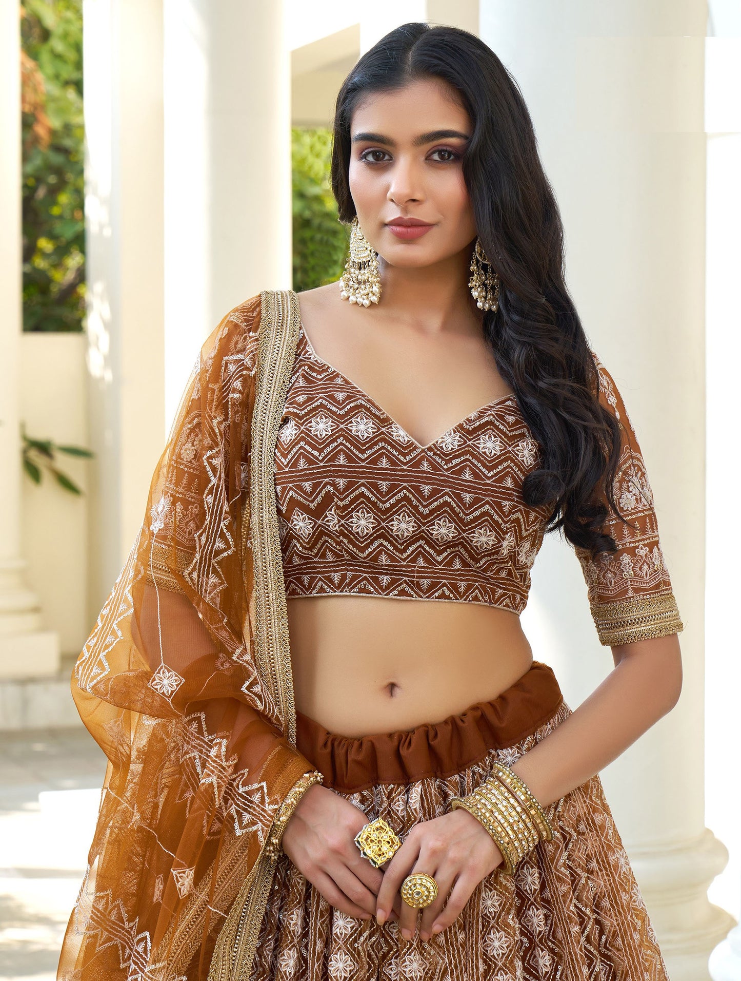 Brown Butterfly Net Thread & Sequins Embroidered Bridesmaid Lehenga
