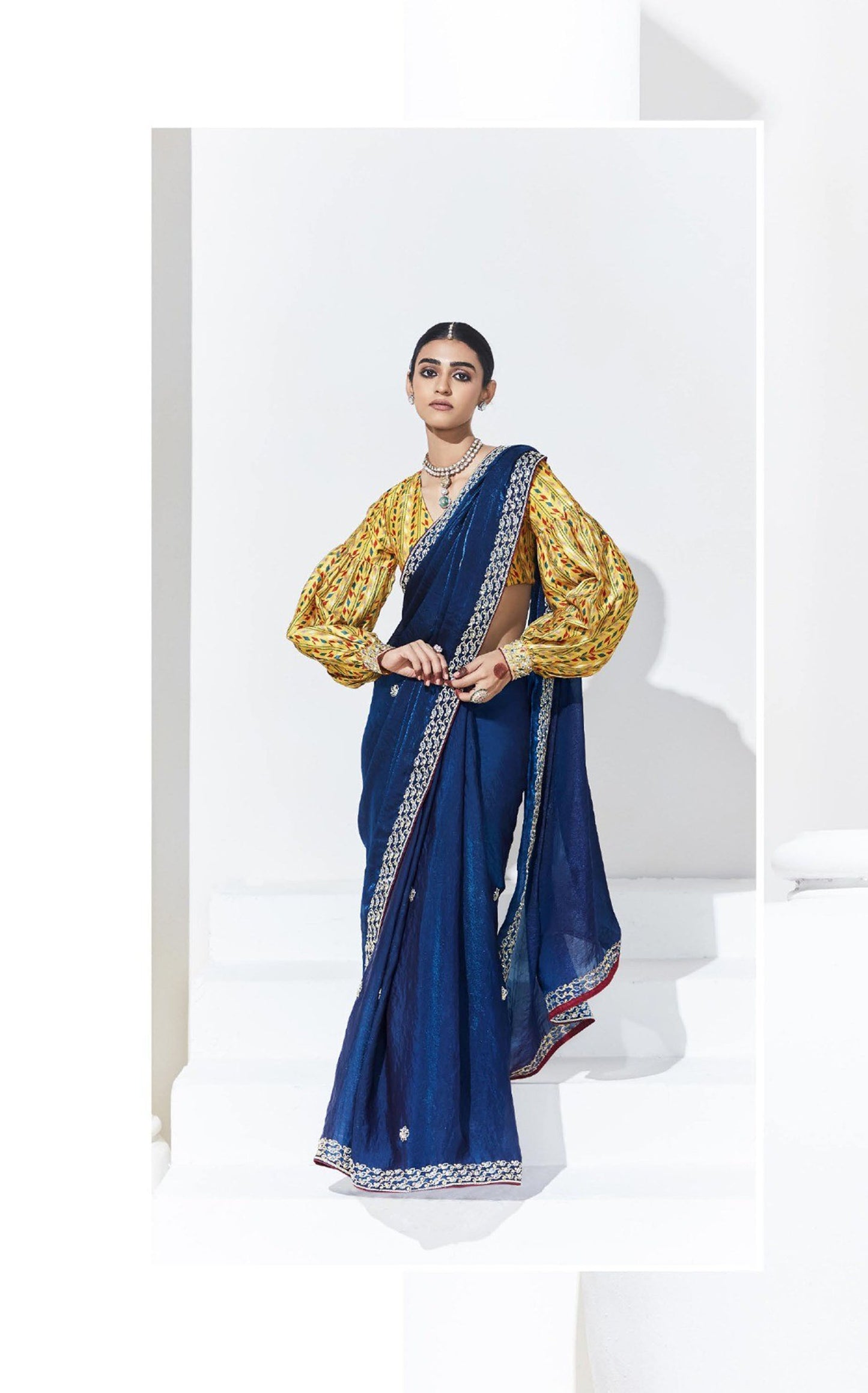 Navy Blue Glass Tissue & organza Sequnis & Dhaga Embroidered Designer Party Wear Saree