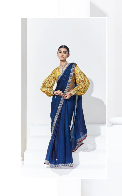 Navy Blue Glass Tissue & organza Sequnis & Dhaga Embroidered Designer Party Wear Saree