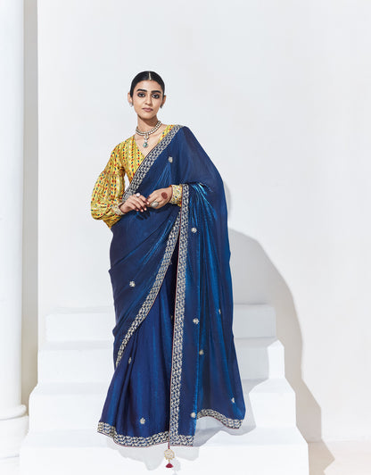 Navy Blue Glass Tissue & organza Sequnis & Dhaga Embroidered Designer Party Wear Saree
