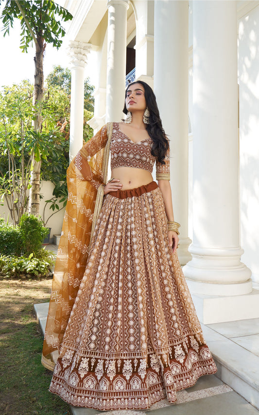 Brown Butterfly Net Thread & Sequins Embroidered Bridesmaid Lehenga