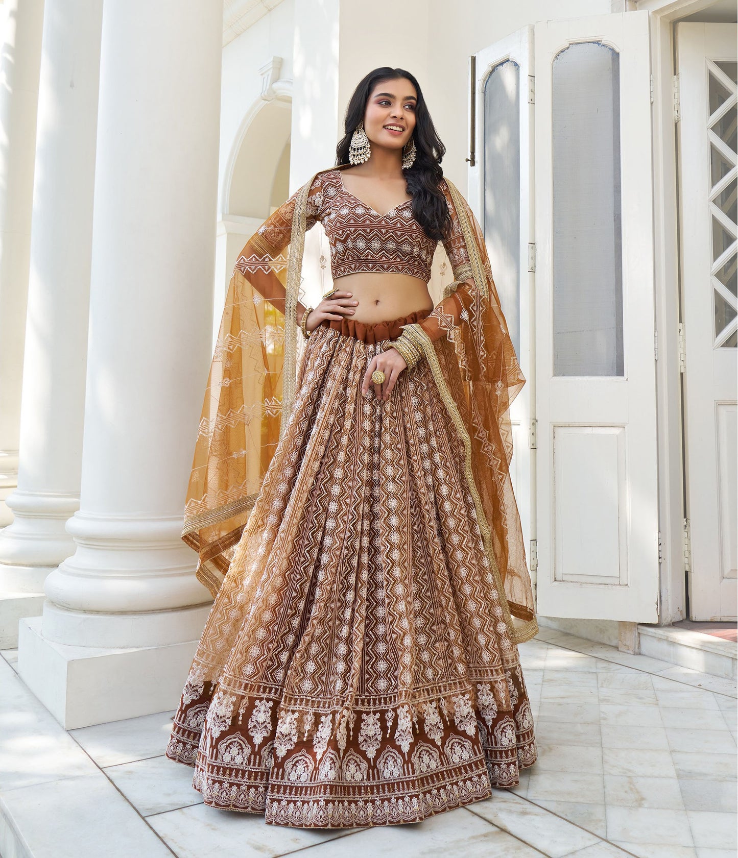 Brown Butterfly Net Thread & Sequins Embroidered Bridesmaid Lehenga