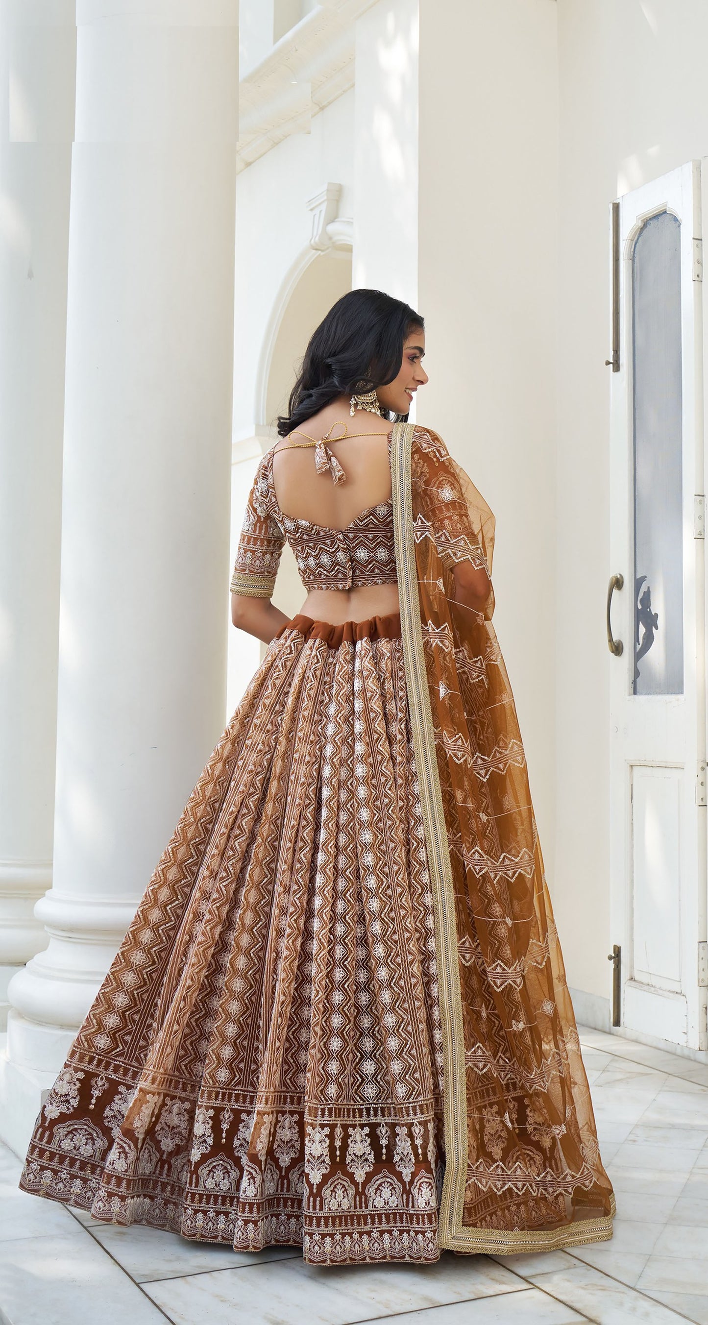 Brown Butterfly Net Thread & Sequins Embroidered Bridesmaid Lehenga